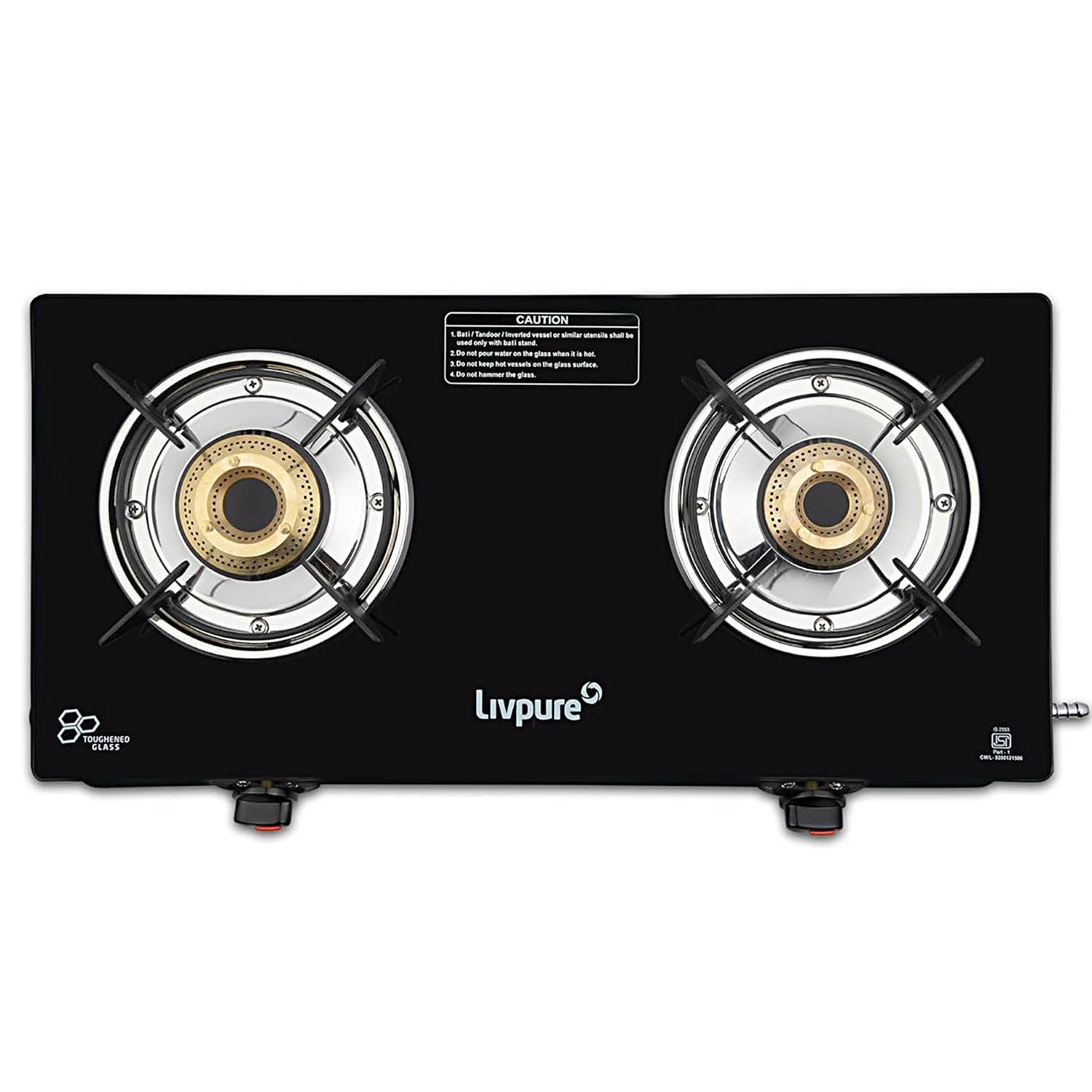 Livpure, Burner Manual Ignition Cook-top with Pan Support, Heat Guard, Elegant Brass Burners &amp; Valve, Black, Luna-Luna 2B-2 Brass Burner - Image 1