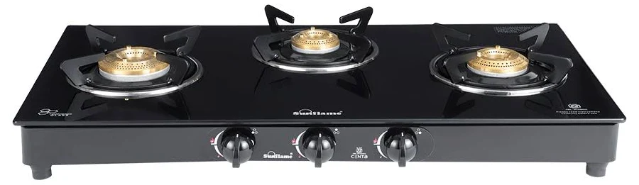 Sunflame Toughened glass Gas Stove with Stainless steel drip tray, Durable Forged Brass Burners and Sturdy Pan Support, Black, Jumbo-GT JUMBO 4B-3 Brass Burner - Image 1