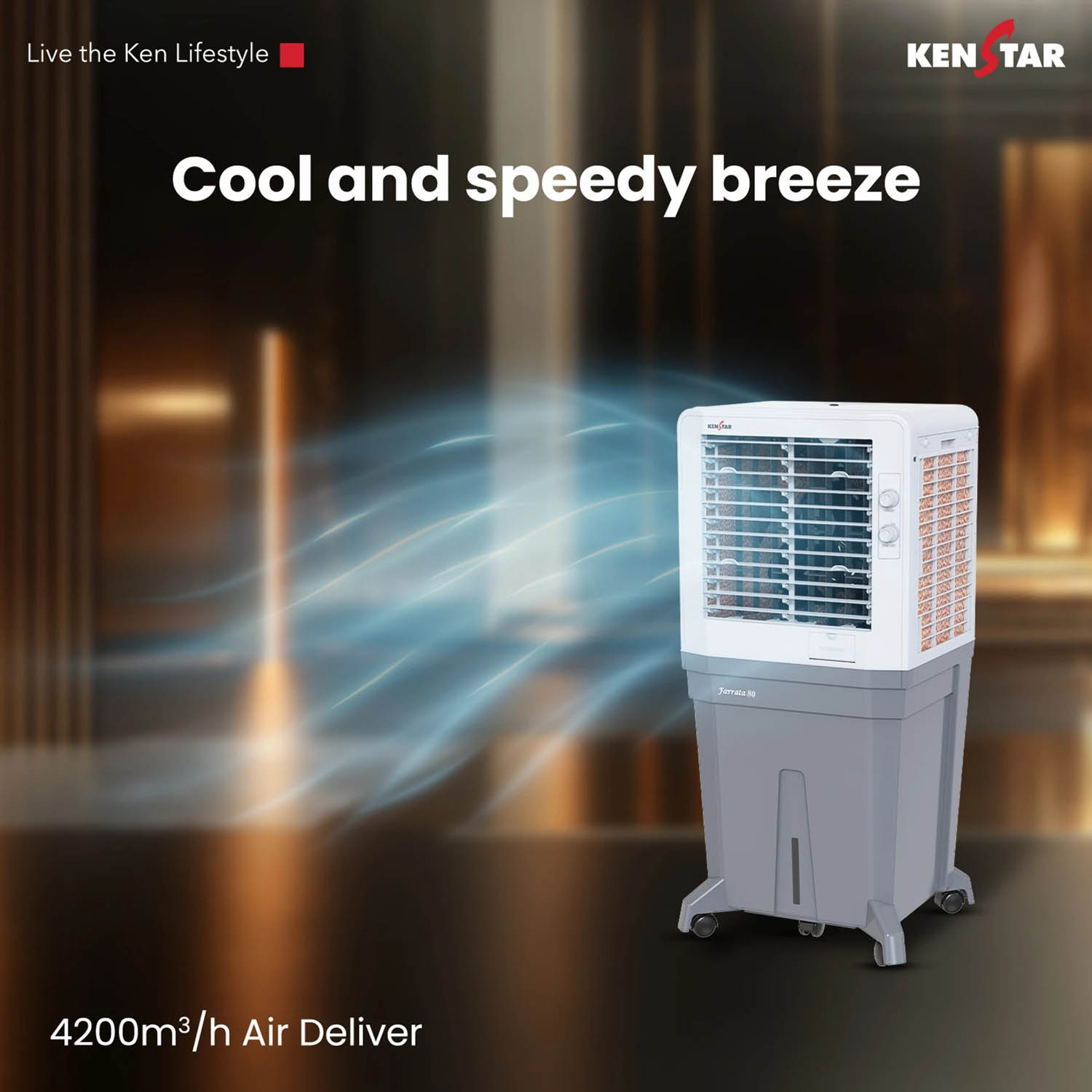 Kenstar Personal Air Cooler with Quadraflow Technology, Double Ball Bearing Motor, 3 Wood Wool Cooling Pads, Grey, Faratta-80 L - Image 2