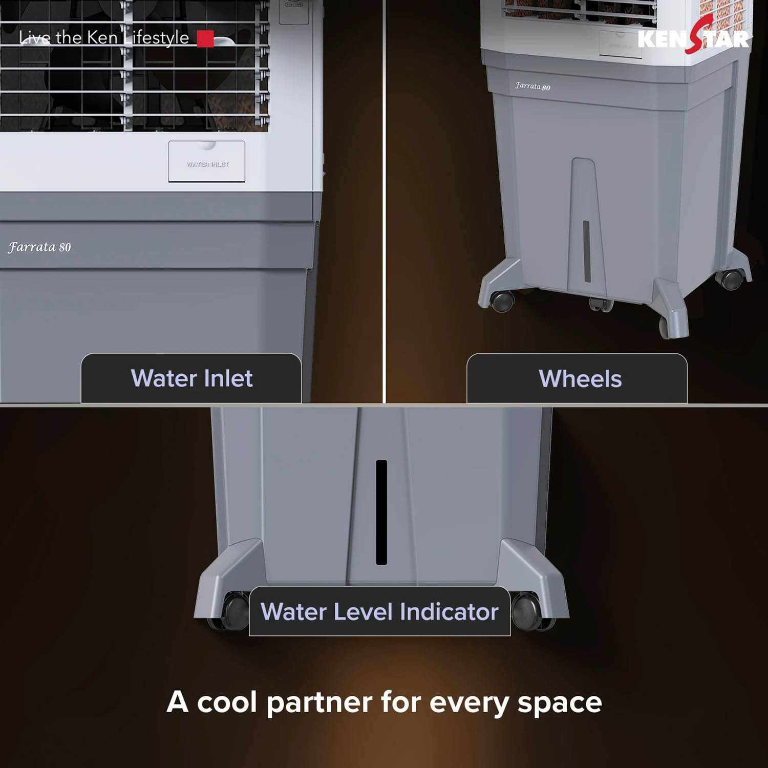 Kenstar Personal Air Cooler with Quadraflow Technology, Double Ball Bearing Motor, 3 Wood Wool Cooling Pads, Grey, Faratta-80 L - Image 6