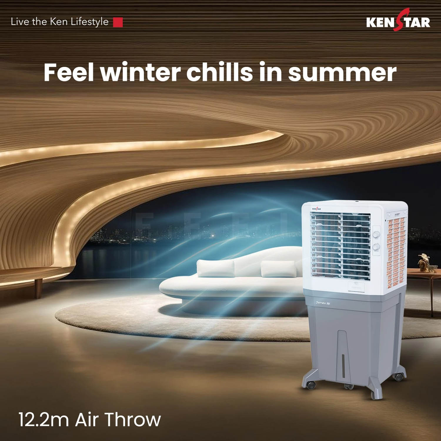 Kenstar Personal Air Cooler with Quadraflow Technology, Double Ball Bearing Motor, 3 Wood Wool Cooling Pads, Grey, Faratta-80 L - Image 4