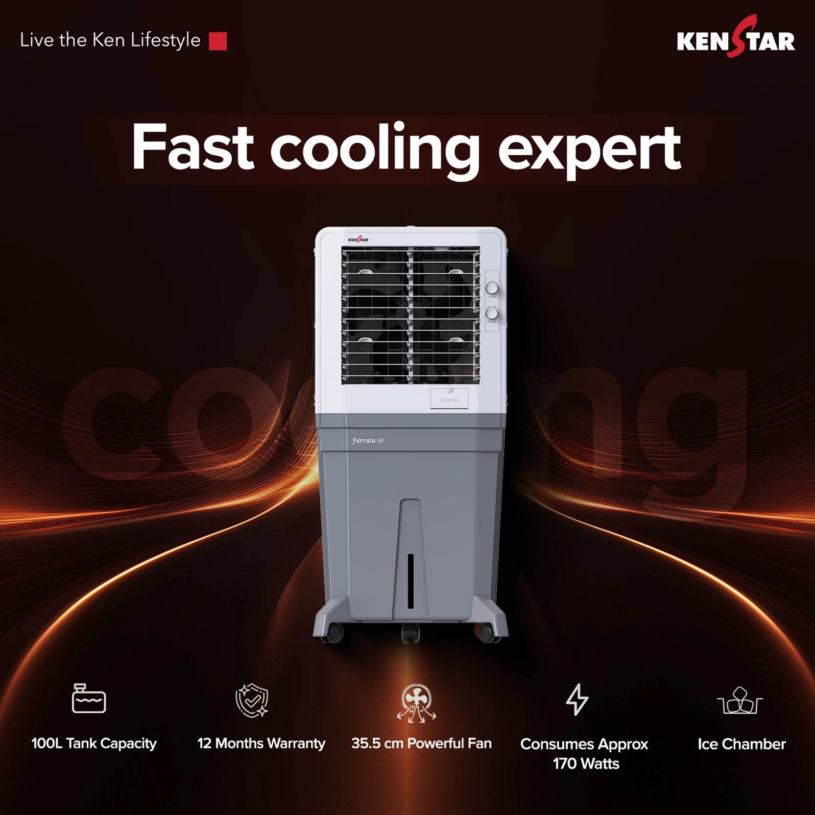 Kenstar Personal Air Cooler with Quadraflow Technology, Double Ball Bearing Motor, 3 Wood Wool Cooling Pads, Grey, Faratta-80 L - Image 5