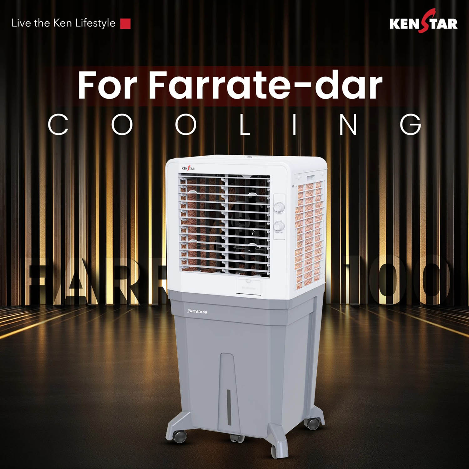 Kenstar Personal Air Cooler with Quadraflow Technology, Double Ball Bearing Motor, 3 Wood Wool Cooling Pads, Grey, Faratta-80 L - Image 3