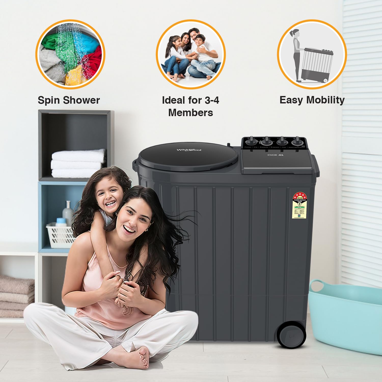 Whirlpool 5 Star Semi-Automatic Washing Machine with Dynamix Detergent Dispenser, Turbo Lint Filter, Grey Dazzle, Ace XL-ACE XL 10 DMIX GREY DAZZLE (10YR)-D - Image 4