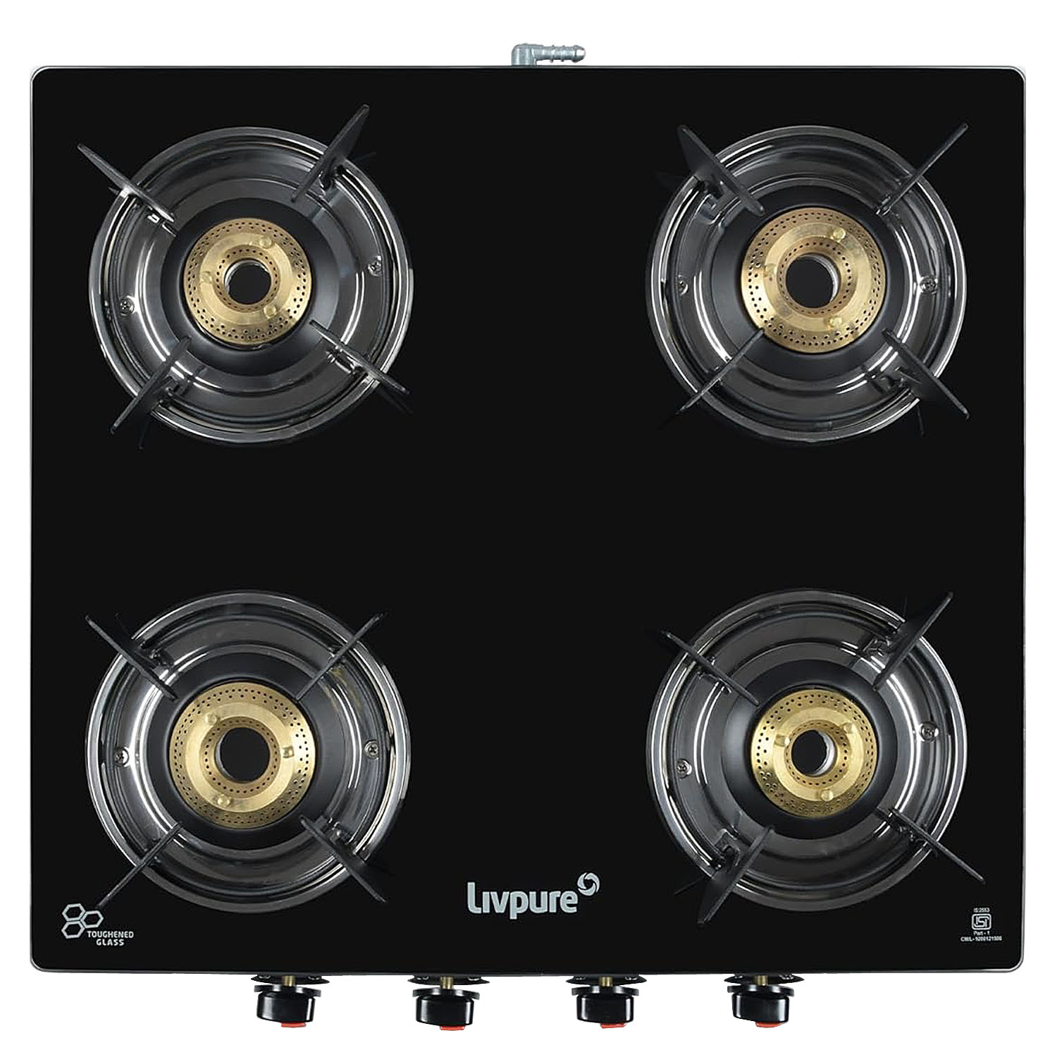Livpure, Burner Manual Ignition Cook-top with Pan Support, Heat Guard, Elegant Brass Burners &amp; Valve, Black, Luna-Luna 4B-4 Brass Burner - Image 1