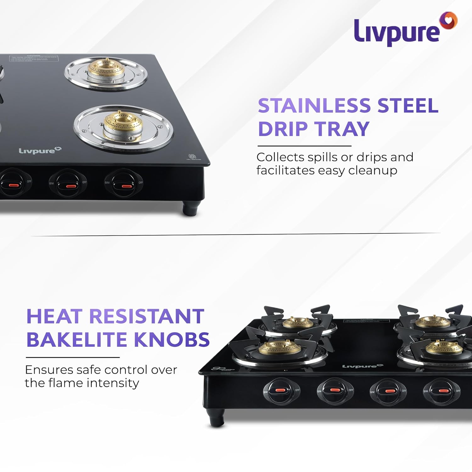Livpure, Burner Manual Ignition Cook-top with Pan Support, Heat Guard, Elegant Brass Burners &amp; Valve, Black, Luna-Luna 4B-4 Brass Burner - Image 6