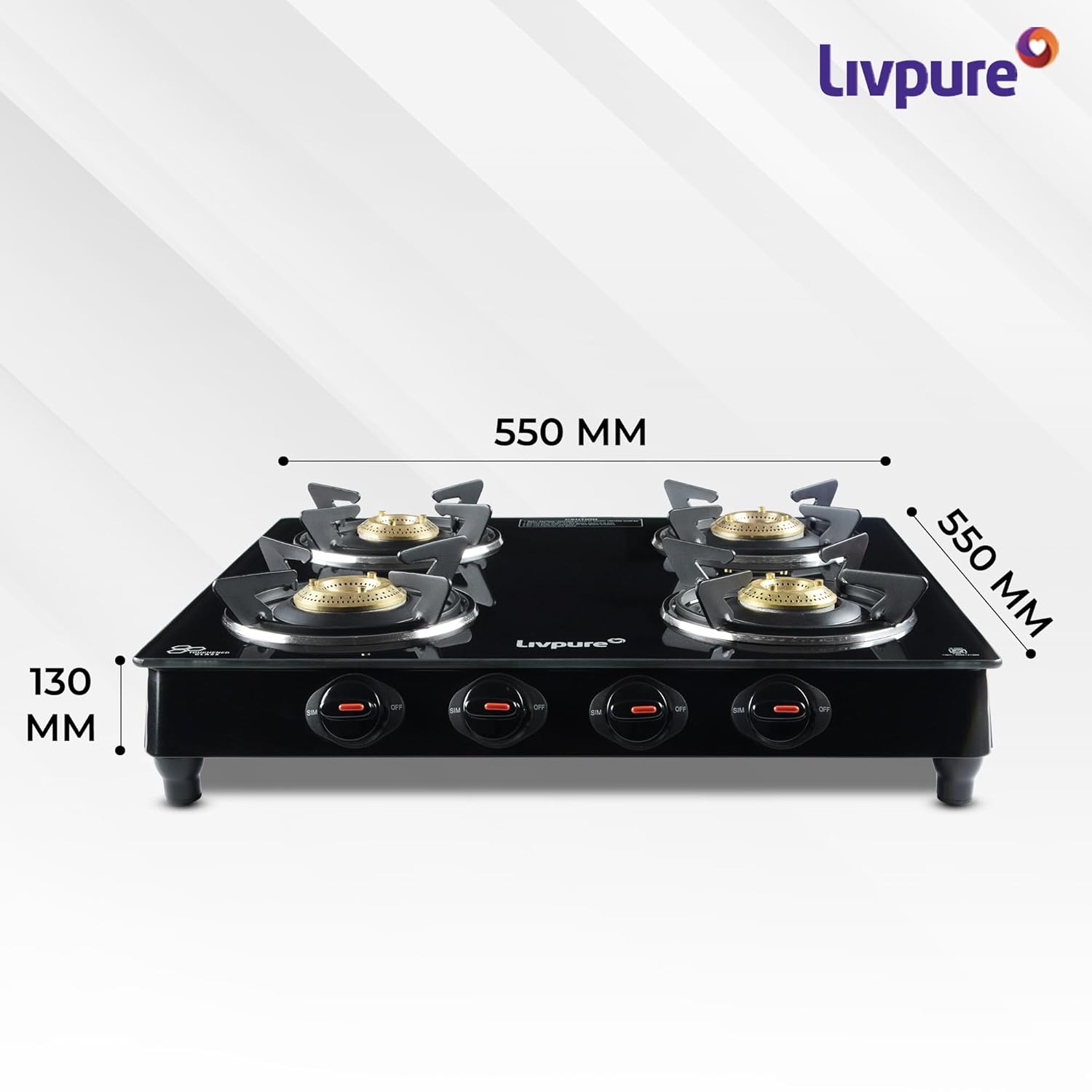 Livpure, Burner Manual Ignition Cook-top with Pan Support, Heat Guard, Elegant Brass Burners &amp; Valve, Black, Luna-Luna 4B-4 Brass Burner - Image 2