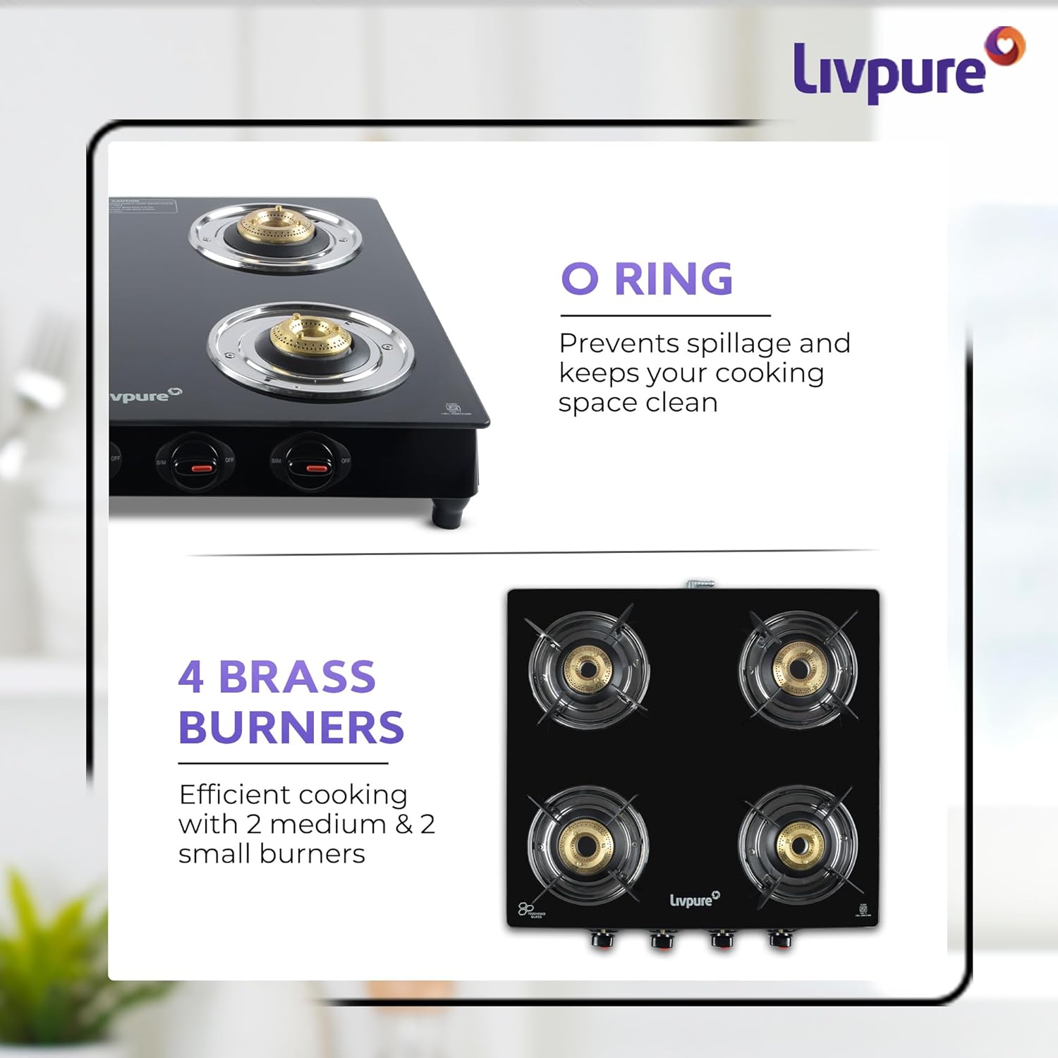 Livpure, Burner Manual Ignition Cook-top with Pan Support, Heat Guard, Elegant Brass Burners &amp; Valve, Black, Luna-Luna 4B-4 Brass Burner - Image 7