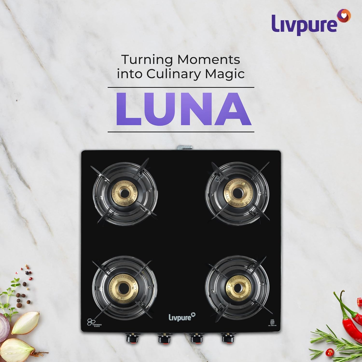 Livpure, Burner Manual Ignition Cook-top with Pan Support, Heat Guard, Elegant Brass Burners &amp; Valve, Black, Luna-Luna 4B-4 Brass Burner - Image 3