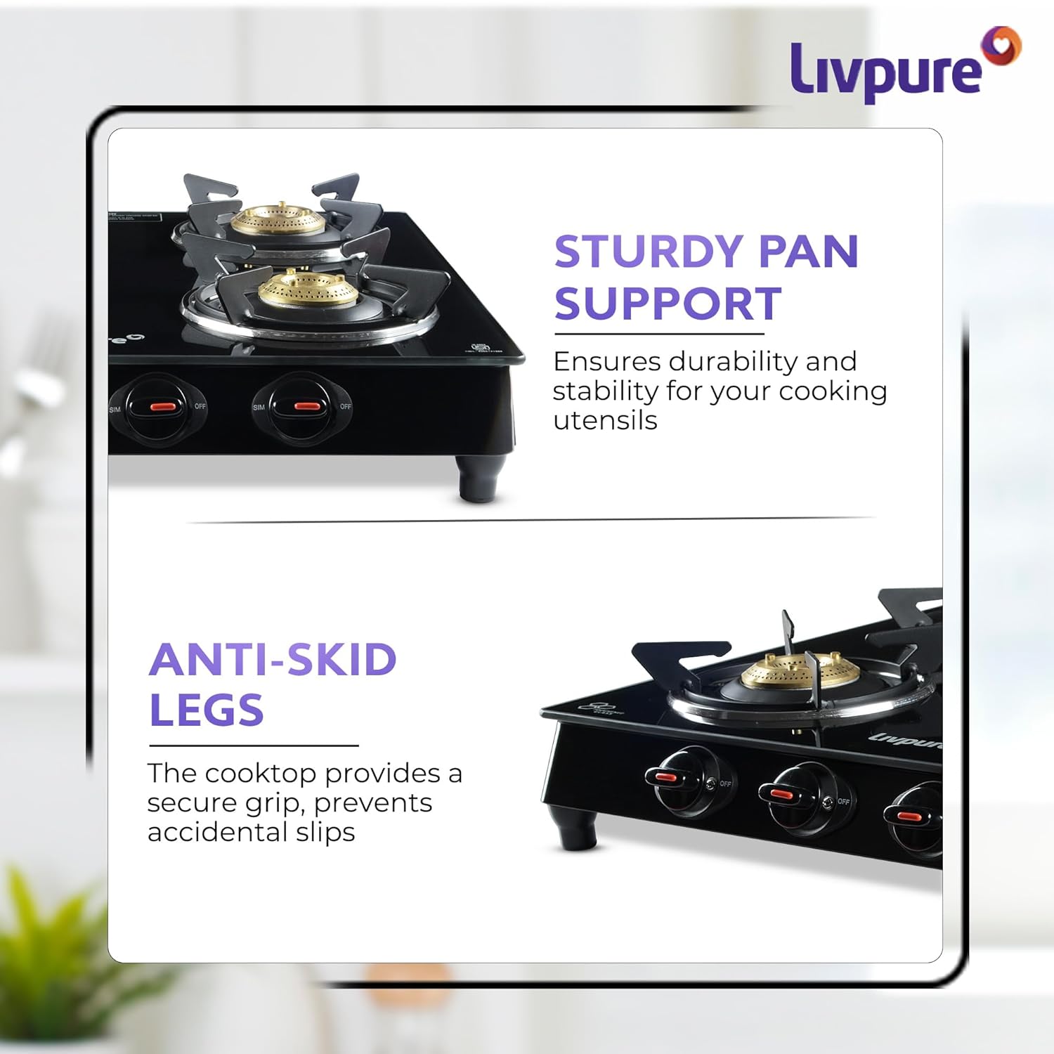 Livpure, Burner Manual Ignition Cook-top with Pan Support, Heat Guard, Elegant Brass Burners &amp; Valve, Black, Luna-Luna 4B-4 Brass Burner - Image 5