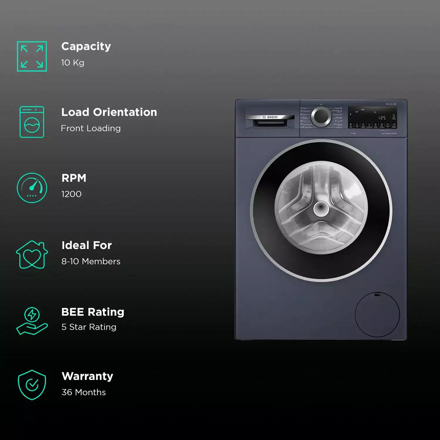 Bosch 10 KG 1200 RPM Fully Automatic Front Load Washing Machine with 5 Star Rating, Built-in Heater and Steam Care, WGA252-Silver-WGA252ZPIN - Image 3