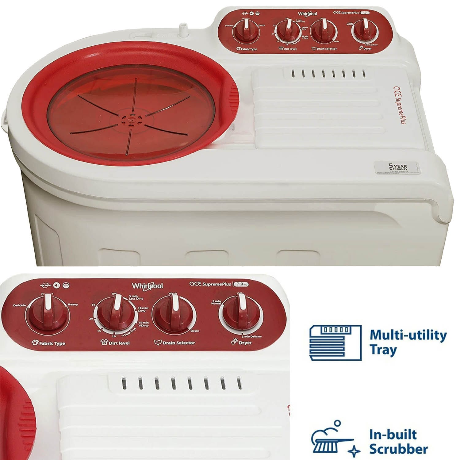 Whirlpool 7KG Semi Automatic Washing Machine, ACE 7.0 SUPER SOAK-ACE 7 SUPREME (CORAL RED) (5YR) - Image 7