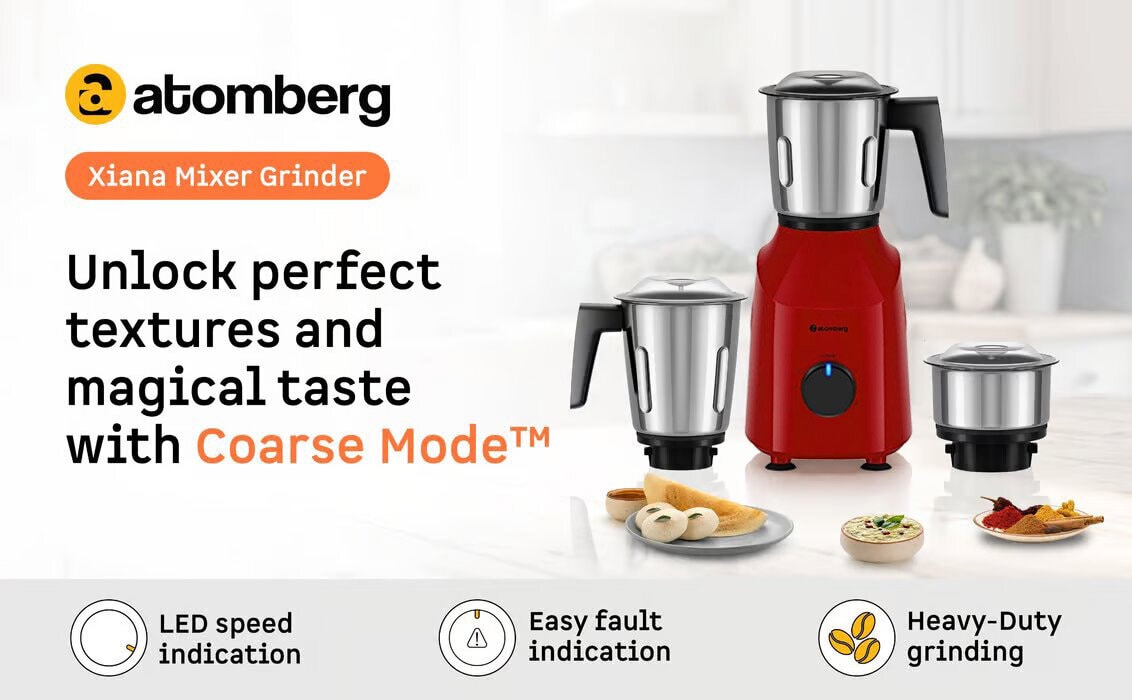 Atomberg Mixer Grinder with Coarse Mode getting Silbatta like texture, ZENOVA-Fiery Red - Image 3