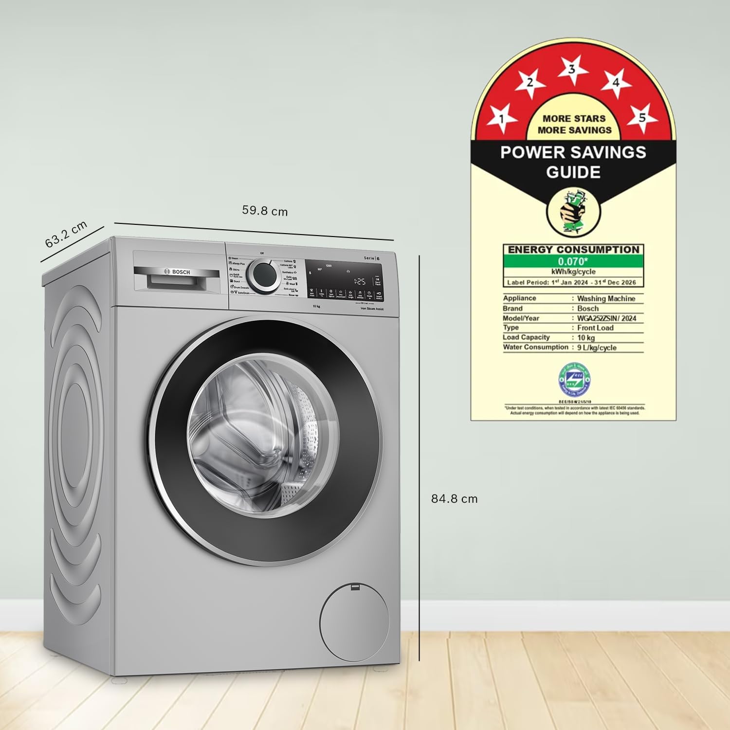 Bosch 9 KG 1400 RPM Fully Automatic Front Load Washing Machine with 5 Star Rating, Built-in Heater and Steam Care, WGA244-Silver-WGA244ZPIN - Image 4