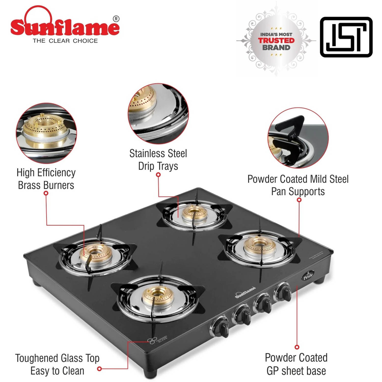 Sunflame Toughened glass Gas Stove with Stainless steel drip tray, Durable Forged Brass Burners and Sturdy Pan Support, Black, Jumbo-GT JUMBO 4B - Image 3