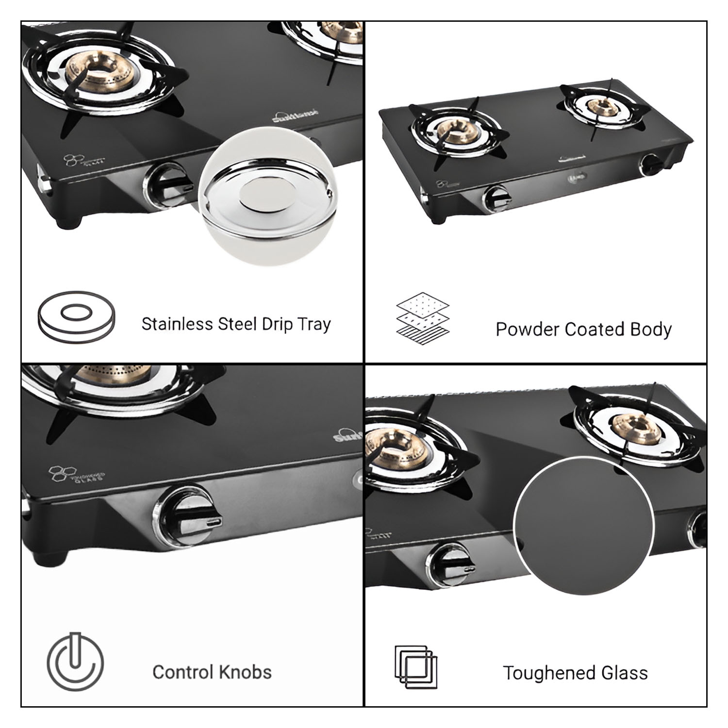 Sunflame Cooktop with 6MM Toughened Glass, Brass Burners and Black Powder Coated Galvanized Steel, LPG Stove GT Crown, Black-2 Brass Burner - Image 6