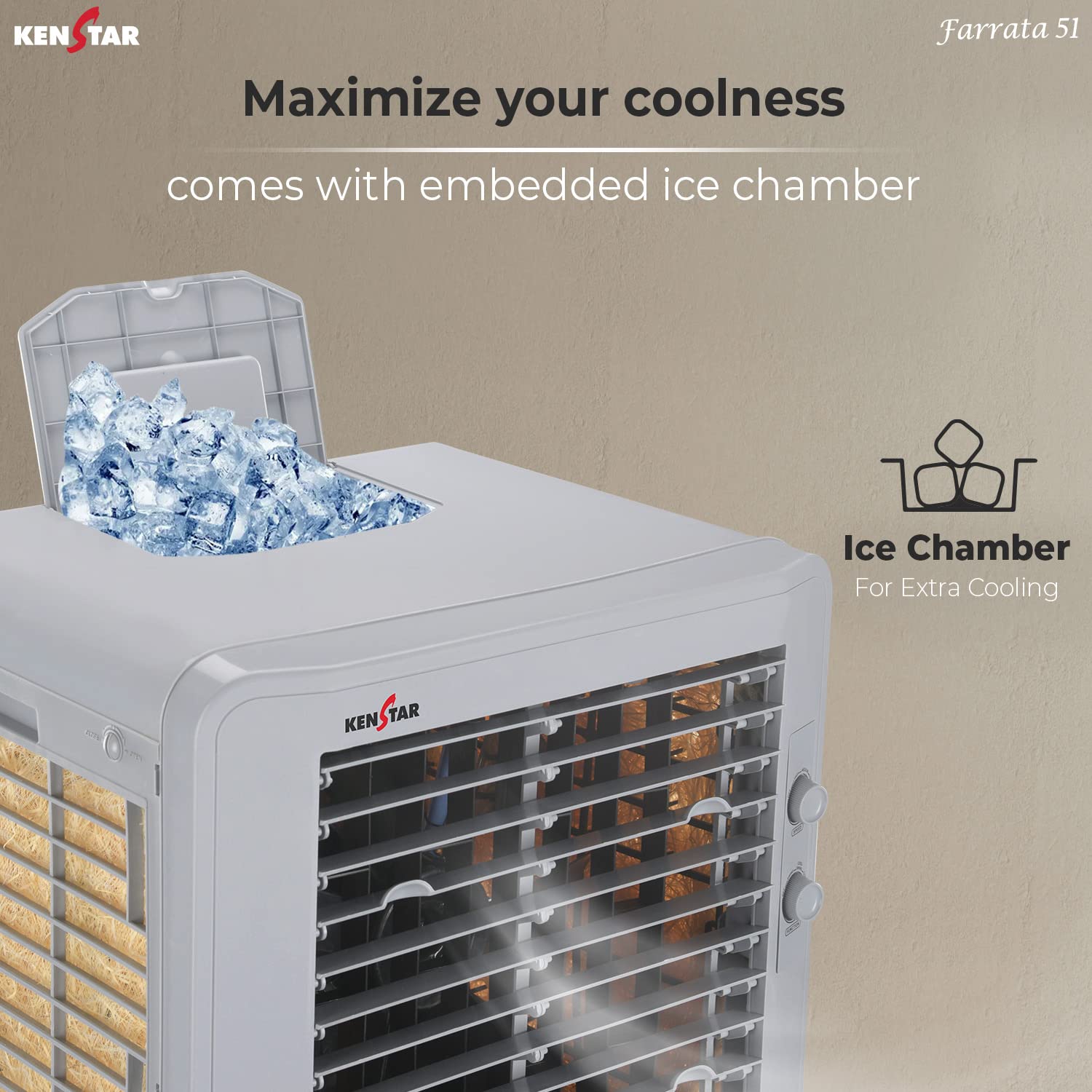 Kenstar Personal Air Cooler with Quadraflow Technology, Double Ball Bearing Motor, 3 Wood Wool Cooling Pads, Grey, Faratta-51 L - Image 2