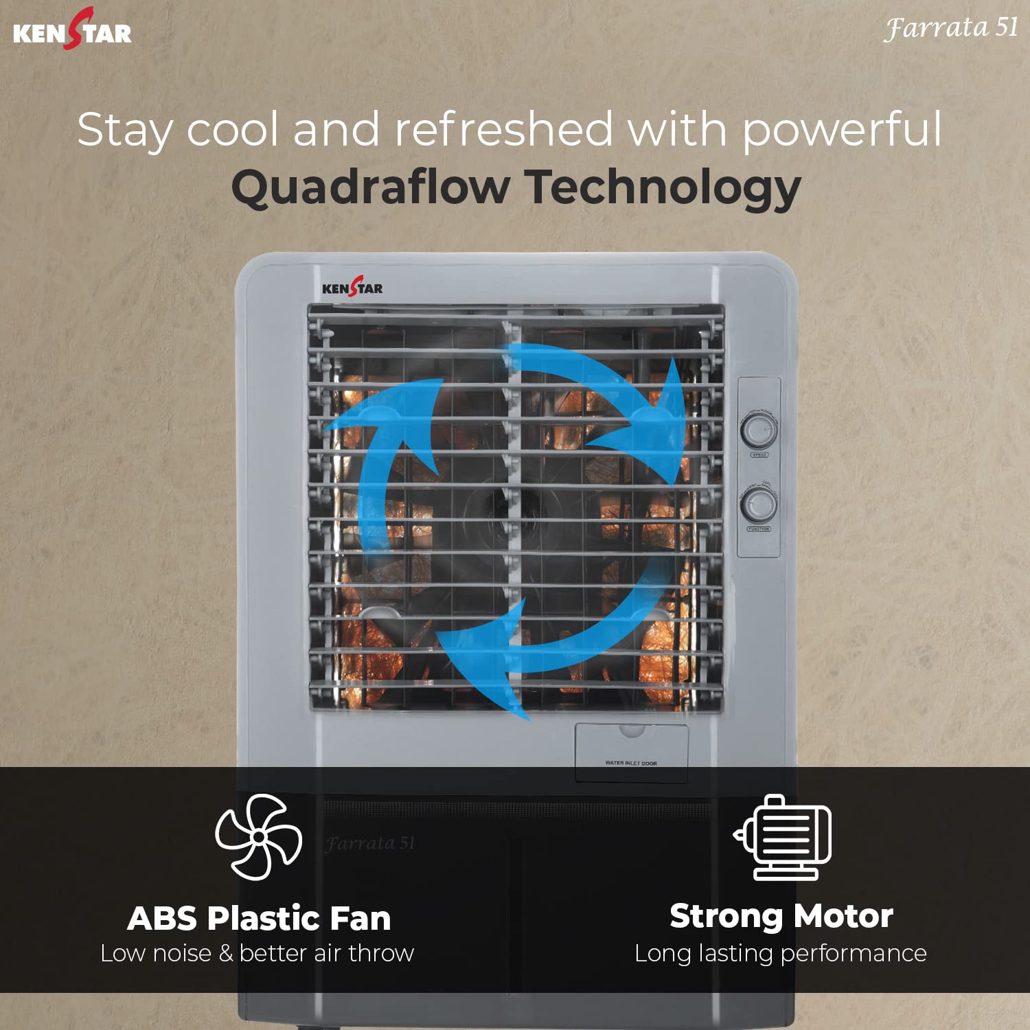 Kenstar Personal Air Cooler with Quadraflow Technology, Double Ball Bearing Motor, 3 Wood Wool Cooling Pads, Grey, Faratta-60 L - Image 3