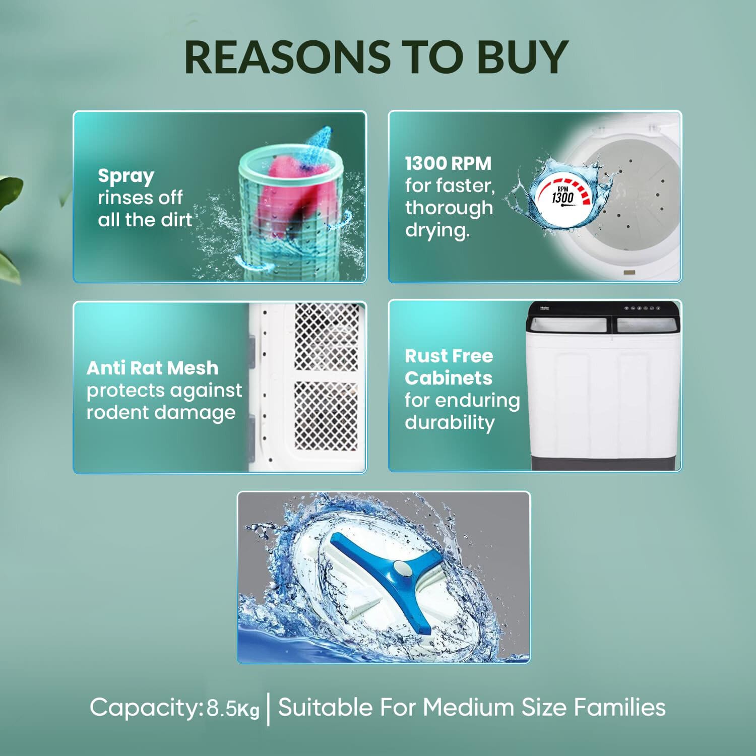 Haier 8.5 KG Semi Automatic Machine with Soft fall Close Door and Vortex Pulsator, Black, HTW85-178BK - Image 9