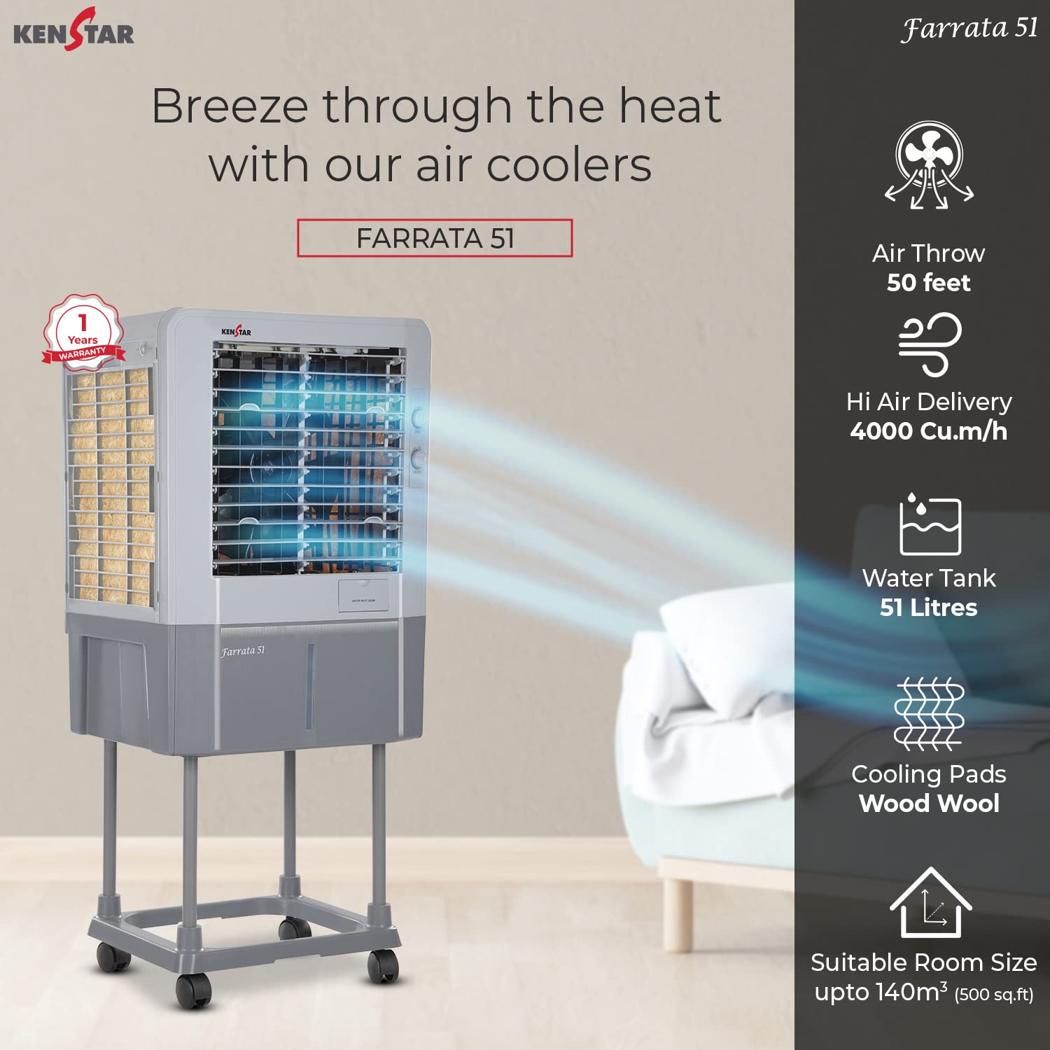 Kenstar Personal Air Cooler with Quadraflow Technology, Double Ball Bearing Motor, 3 Wood Wool Cooling Pads, Grey, Faratta-51 L - Image 7