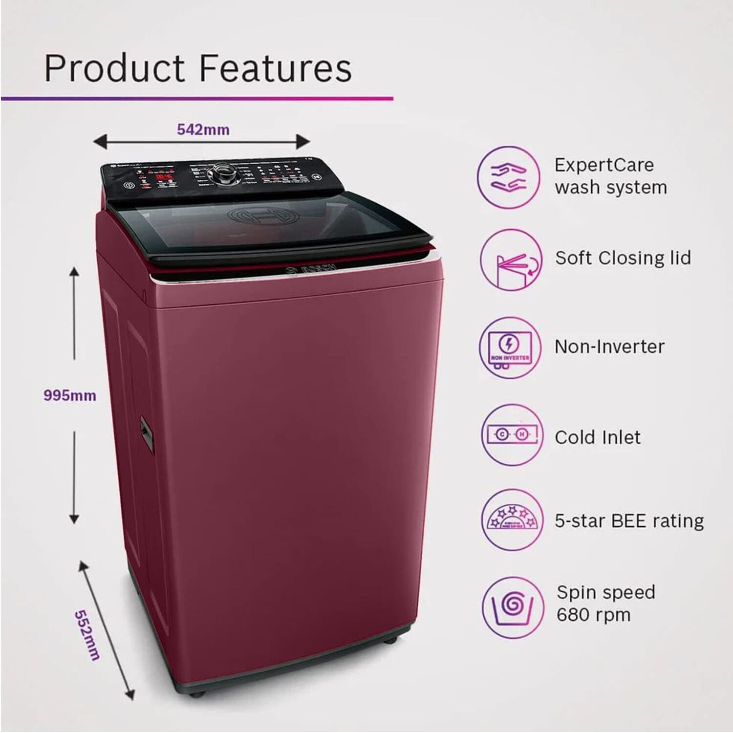 Bosch 10 KG Fully Automatic Topload Washing Machine, Maroon, WOI104MOIN - Image 8
