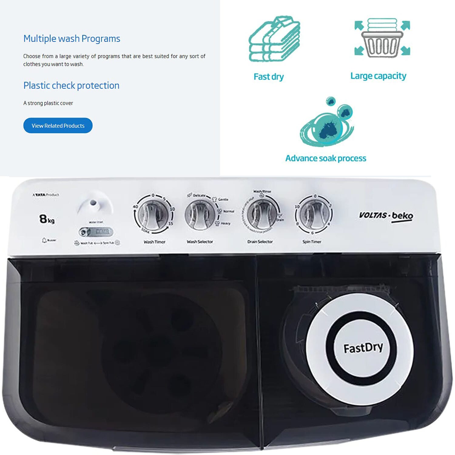 Voltas Beko 8 KG Semi Automatic Machine with IPX4 Control Panel, 5 Star Rating, Fast Dry and Double Casette Filter, Grey, WTT80DGRT - Image 9