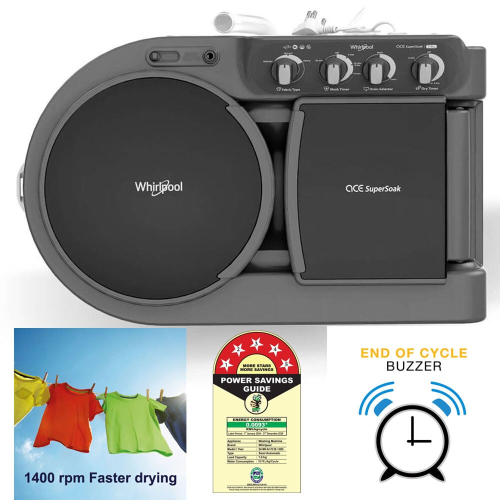 Whirlpool 7KG Semi Automatic Washing Machine, ACE 7.0 SUPER SOAK-ACE 7.0 SUP SOAK (GREY) (5YR) - Image 9