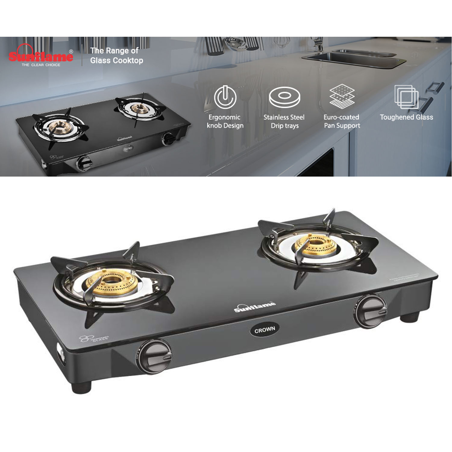 Sunflame Cooktop with 6MM Toughened Glass, Brass Burners and Black Powder Coated Galvanized Steel, LPG Stove GT Crown, Black-2 Brass Burner - Image 13
