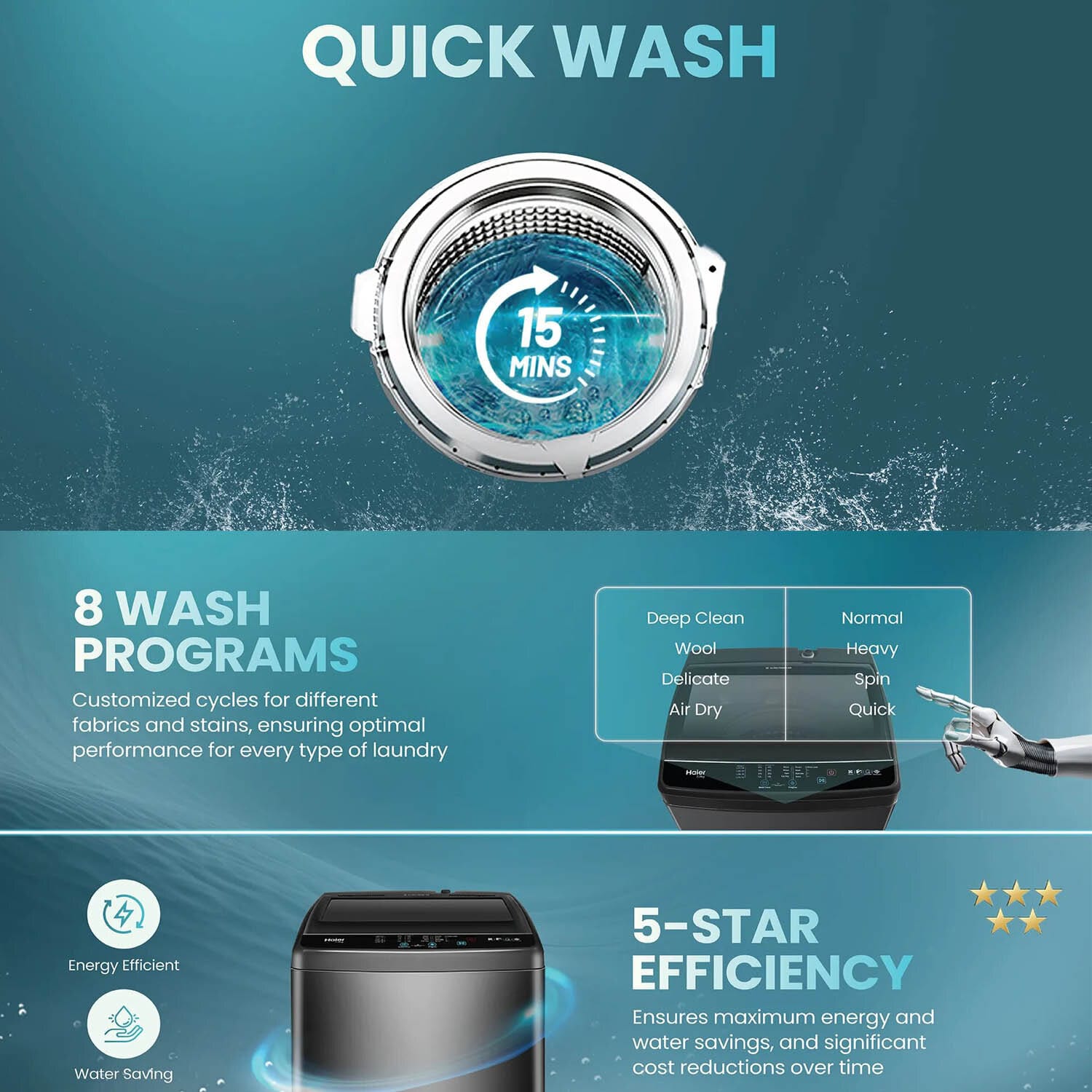 Haier 7 KG Fully Automatic Top Load Machine with Oceanus Wave Drum, 15 Minutes Quick Wash and 5 Star Rating, Brown Grey, HWM70-306ES5N1 - Image 6