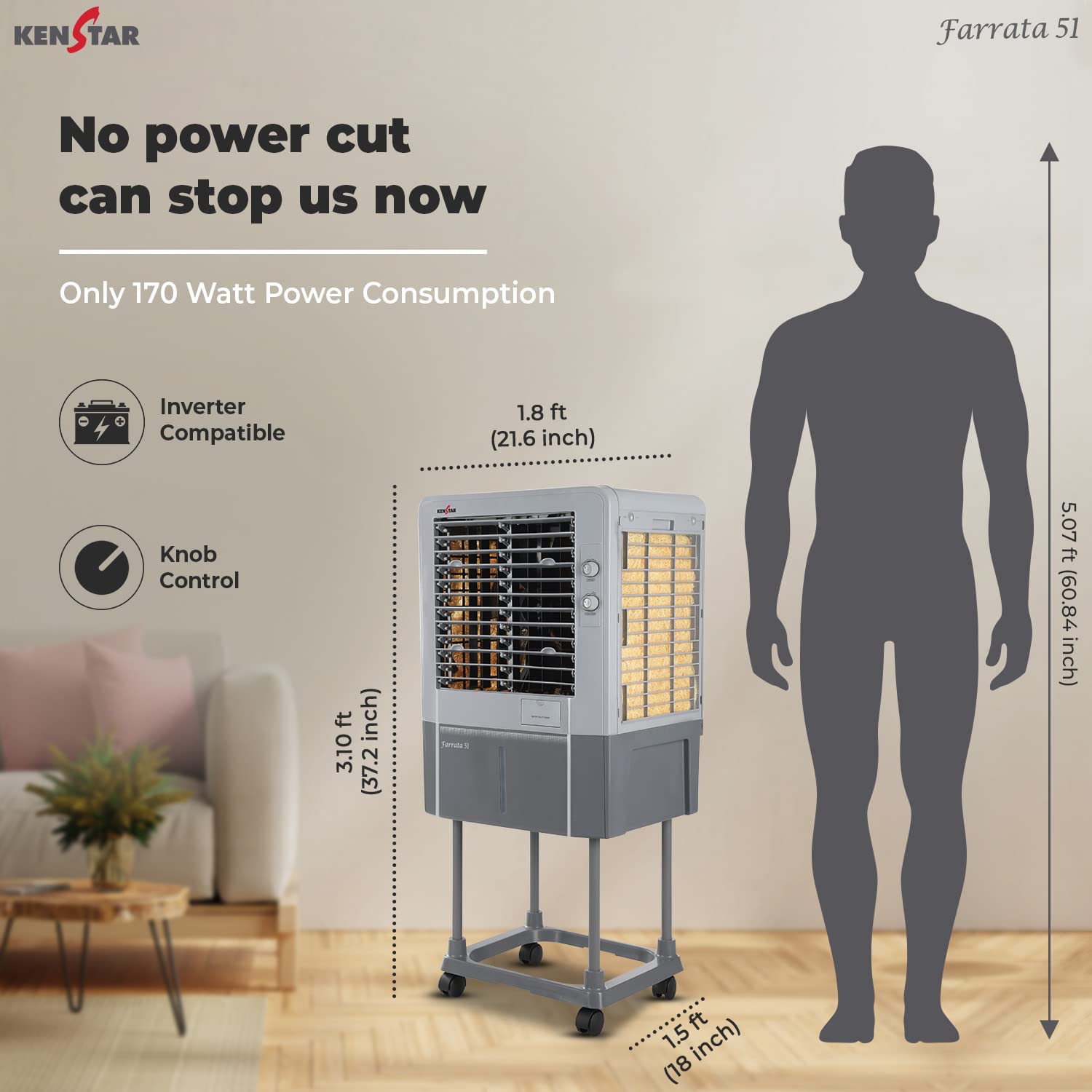 Kenstar Personal Air Cooler with Quadraflow Technology, Double Ball Bearing Motor, 3 Wood Wool Cooling Pads, Grey, Faratta-51 L - Image 12