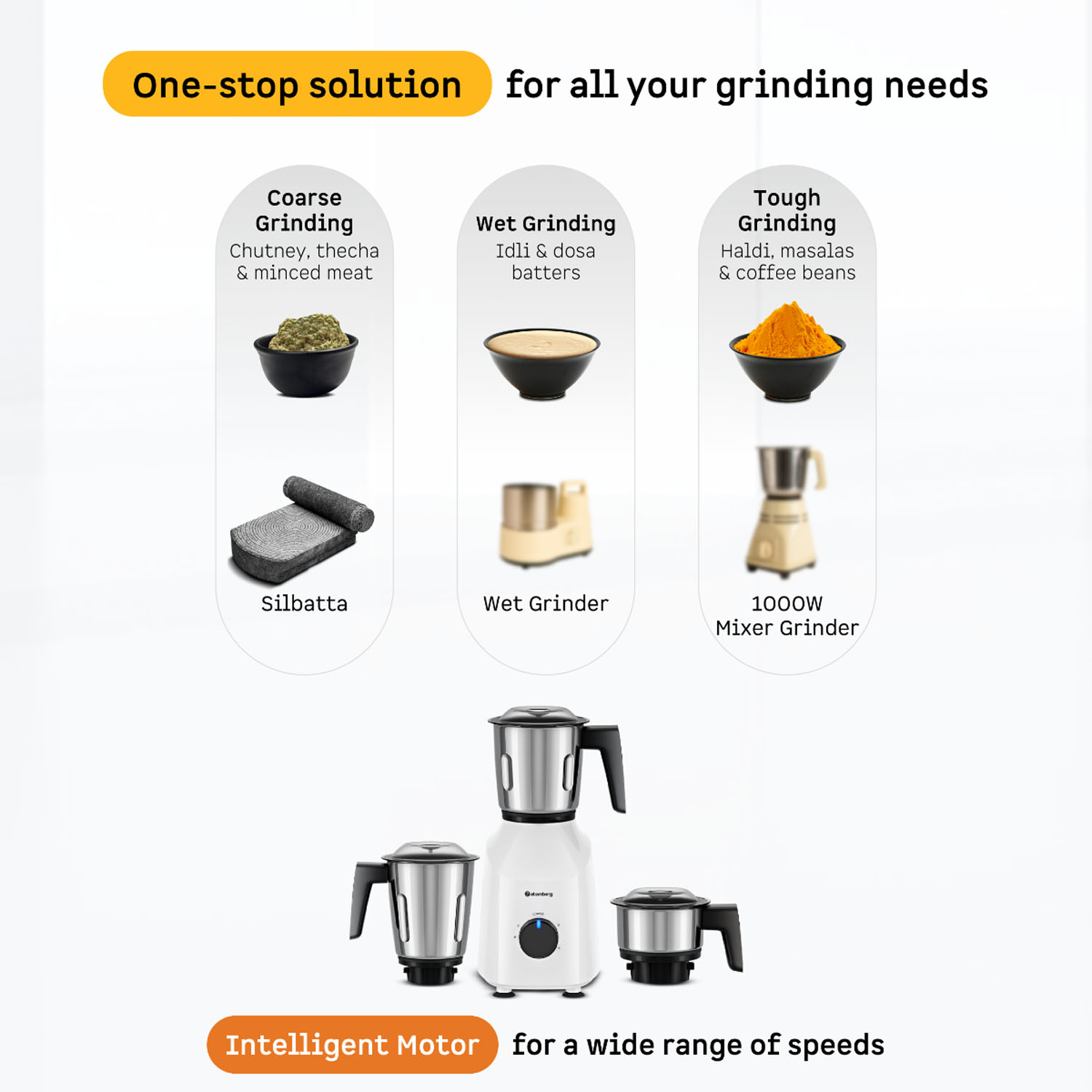Atomberg 750 Watt Mixer Grinder with Coarse Mode Getting Silbatta Like Texture, 750W Intelligent Motor, Snow White, Xiana - Image 2