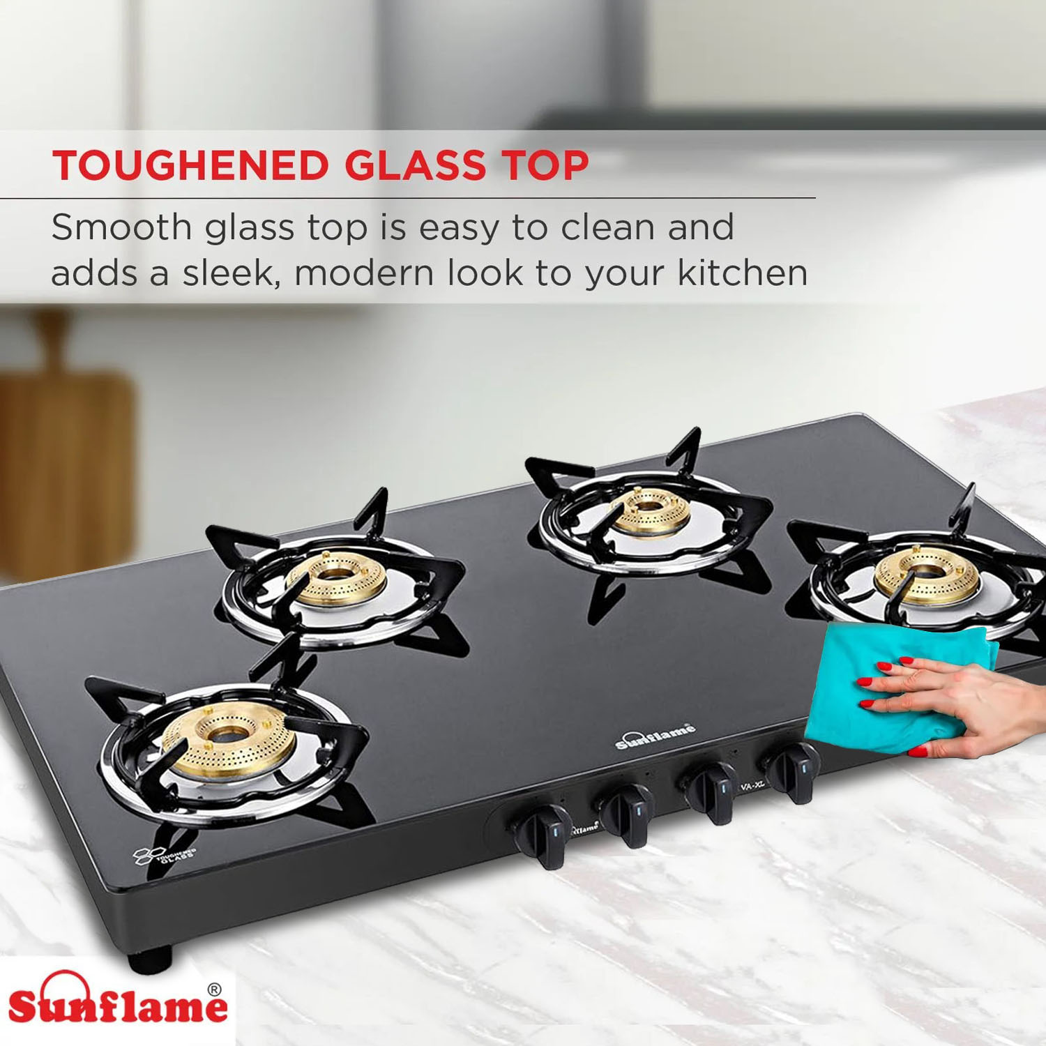Sunflame Cooktop with 8MM Toughened Glass, Brass Burners and Black Powder Coated Galvanized Steel, LPG Stove Prime XL, Silver-PRIME 4B XL BK-4 Brass Burner - Image 7