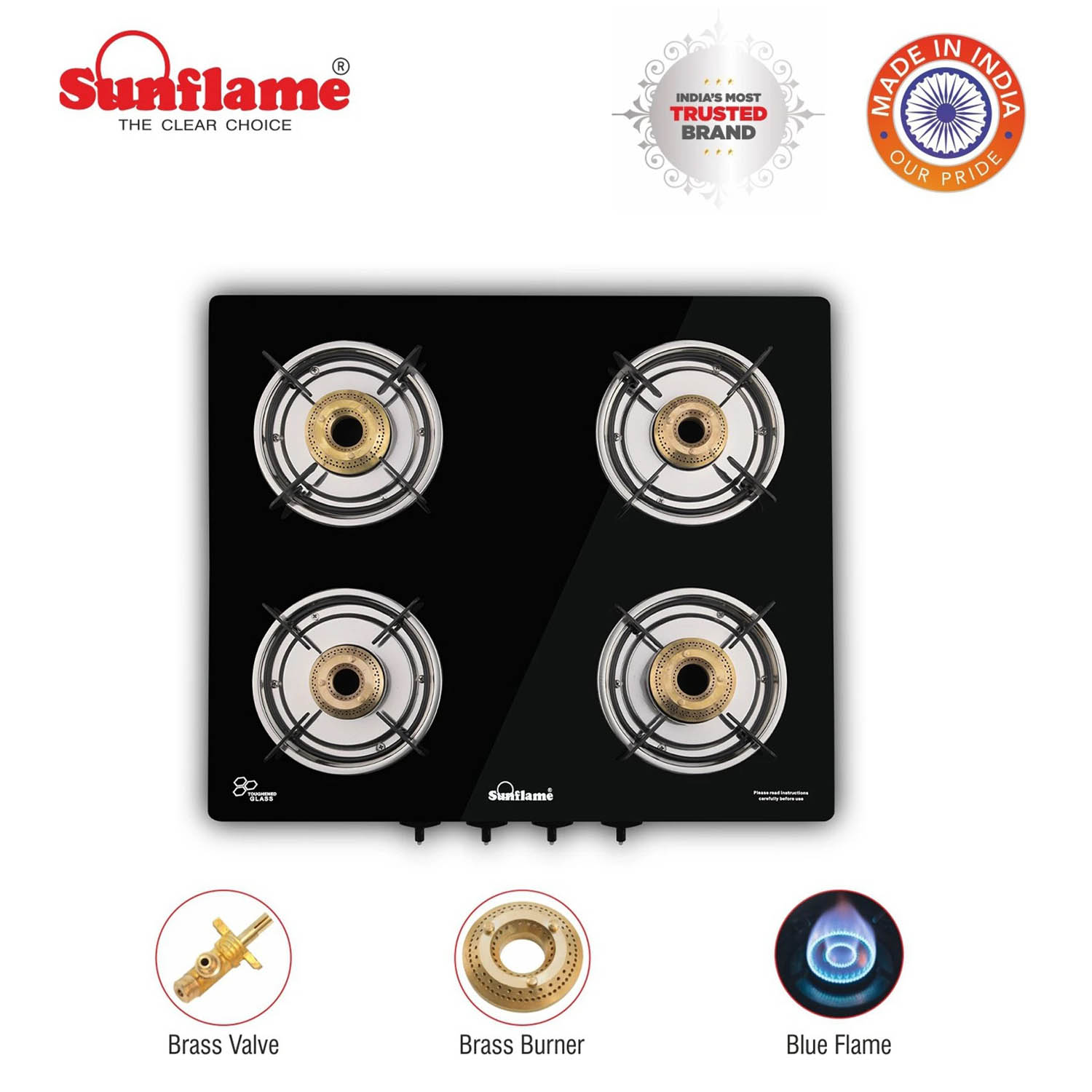 Sunflame Toughened glass Gas Stove with Stainless steel drip tray, Durable Forged Brass Burners and Sturdy Pan Support, Black, Jumbo-GT JUMBO 4B - Image 2