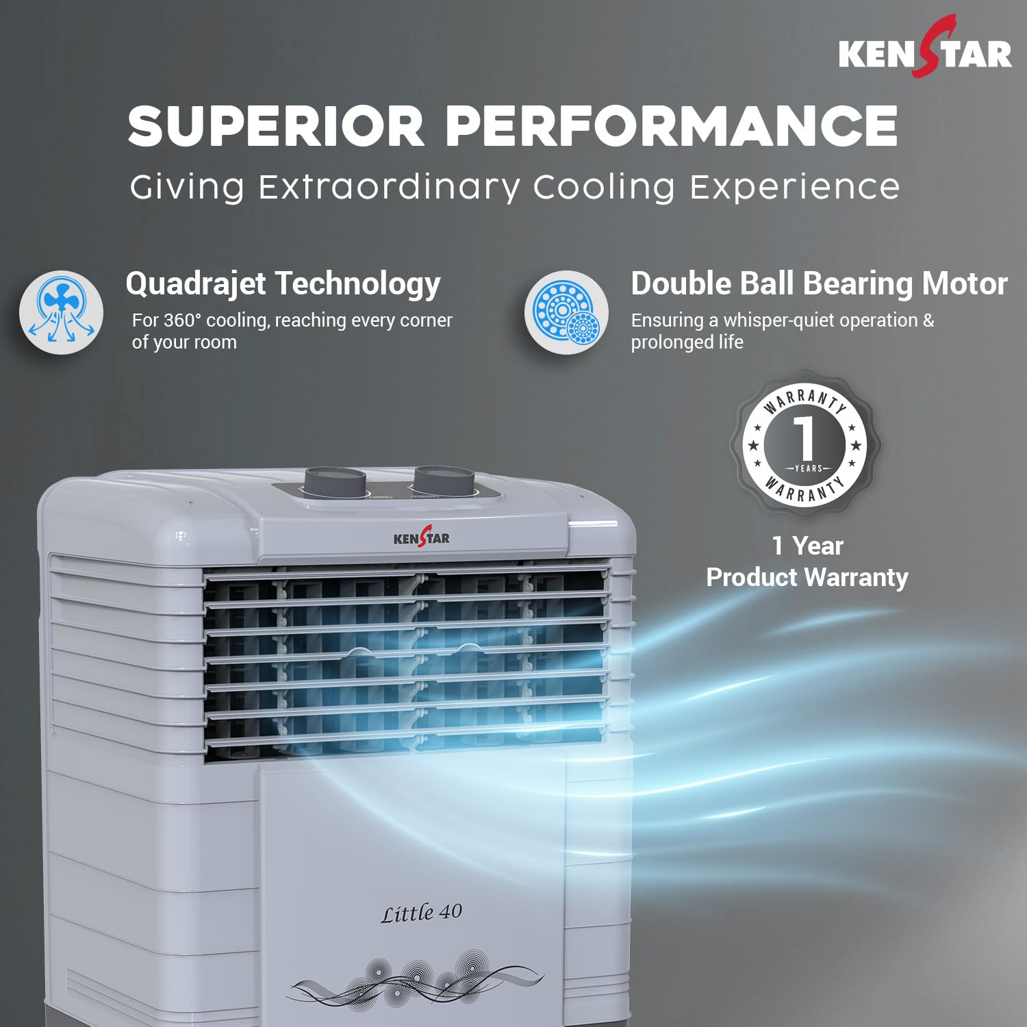 Kenstar Personal Desert Cooler with Honeycomb Cooling Pads, Collapsible Louvres, Powerful Blower and Double Ball Bearing Motor, Grey, Little-40 L - Image 6