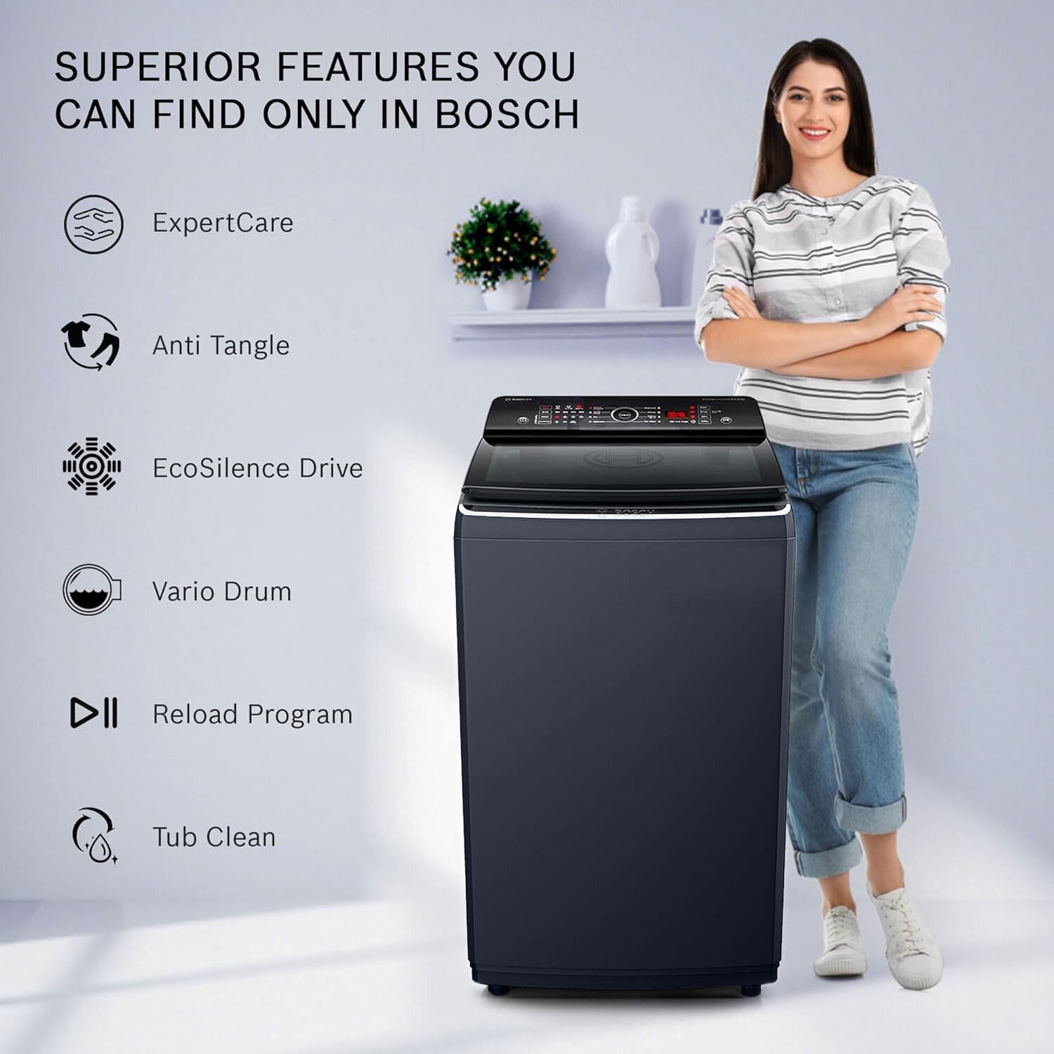 Bosch 8 KG Fully Automatic Top Load Machine with Stainless Steel Drum and Digital Display, Dark Lake, WOE802B7IN - Image 7