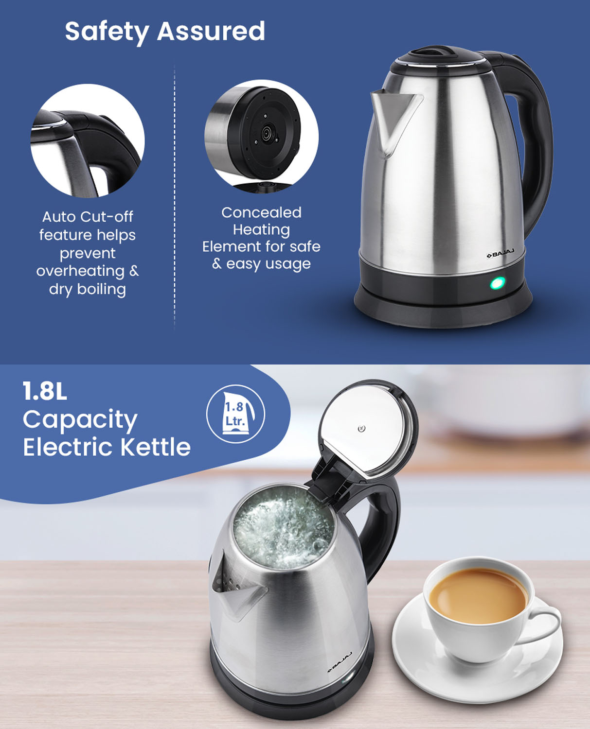 Bajaj Electric Kettle With  Stainless Steel Body and Cordless Operation, Black, KTX-DLX-1.8L - Image 12