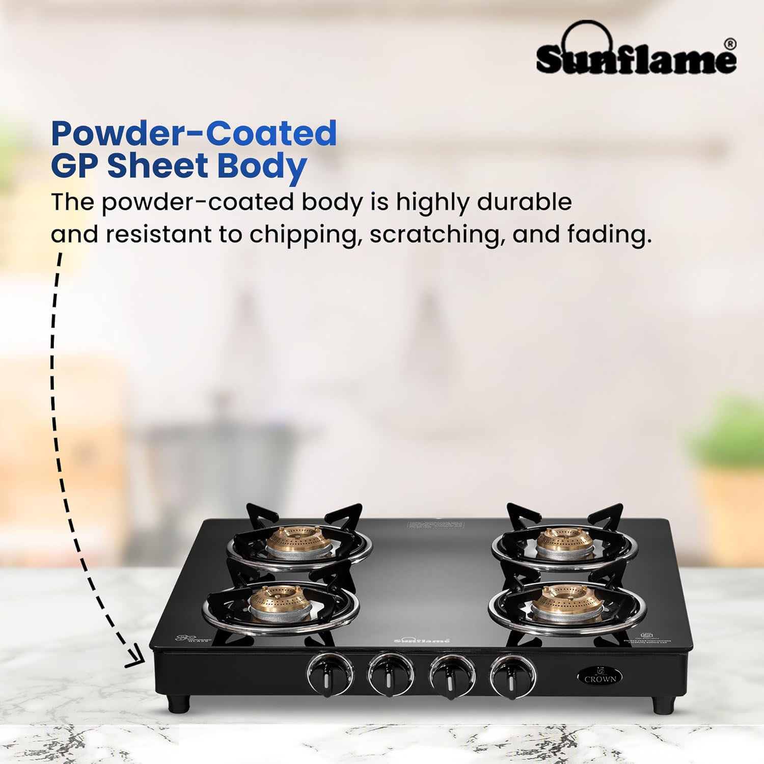 Sunflame 4 Burner Cooktop with 6MM Toughened Glass, Brass Burners & Black Powder Coated Galvanized Steel, Black, GT Crown - Image 6