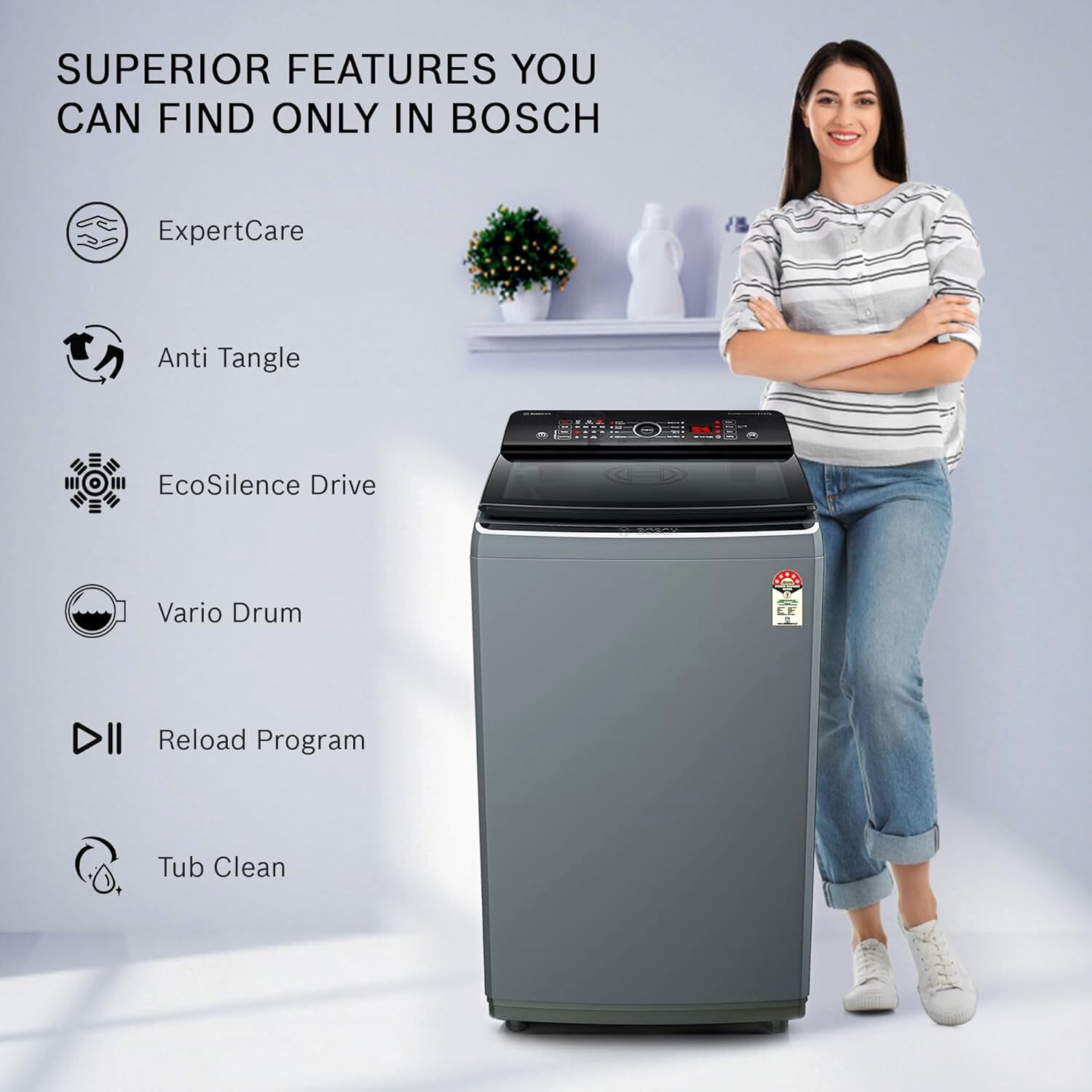 Bosch 7 KG Fully Automatic Top Load Machine with Reload Function, Grey, WOE701DOIN - Image 7