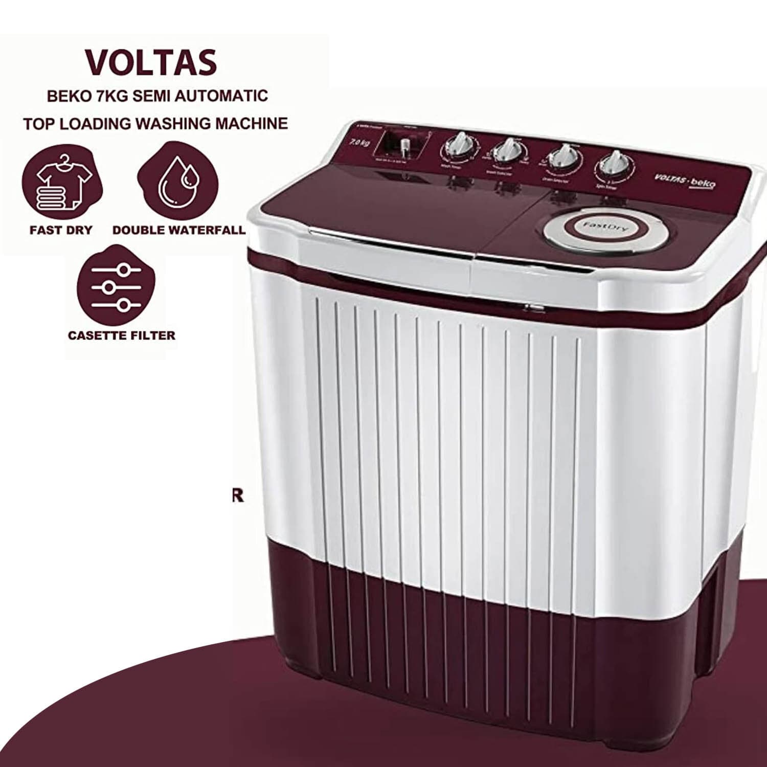 Voltas Beko 7 KG Semi Automatic Machine with 3 Wash Programes and Two Way Waterfall, Burgandy, WTT70DLIM Voltas Beko 7 KG Semi Automatic Machine with 3 Wash Programes and Two Way Waterfall, Burgandy, WTT70DLIM - Image 8