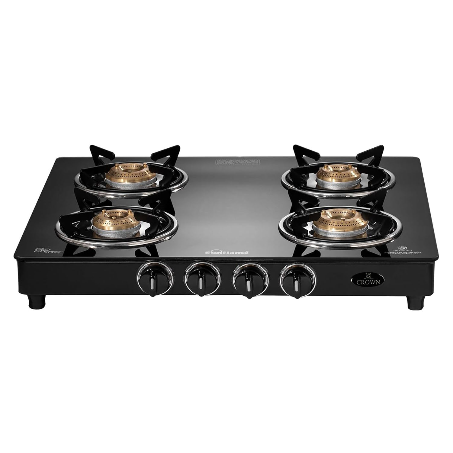 Sunflame 4 Burner Cooktop with 6MM Toughened Glass, Brass Burners & Black Powder Coated Galvanized Steel, Black, GT Crown - Image 1