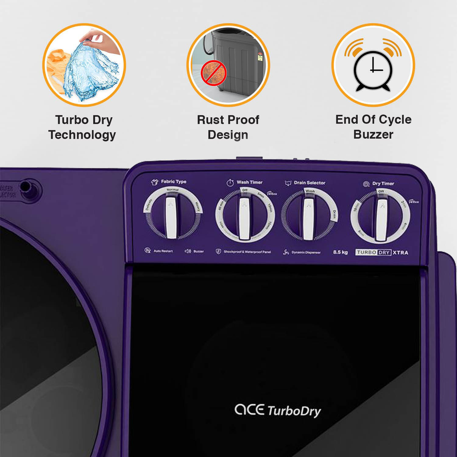 Whirlpool 8.5KG 5 Star Semi-Automatic Washing Machine with Turbo Lint Filter and Faster Drying, Ace Turbo Dry Xtraa-ACE 8.5 TRB DRY XTRAA PURPLE DZL (10YR) - Image 9