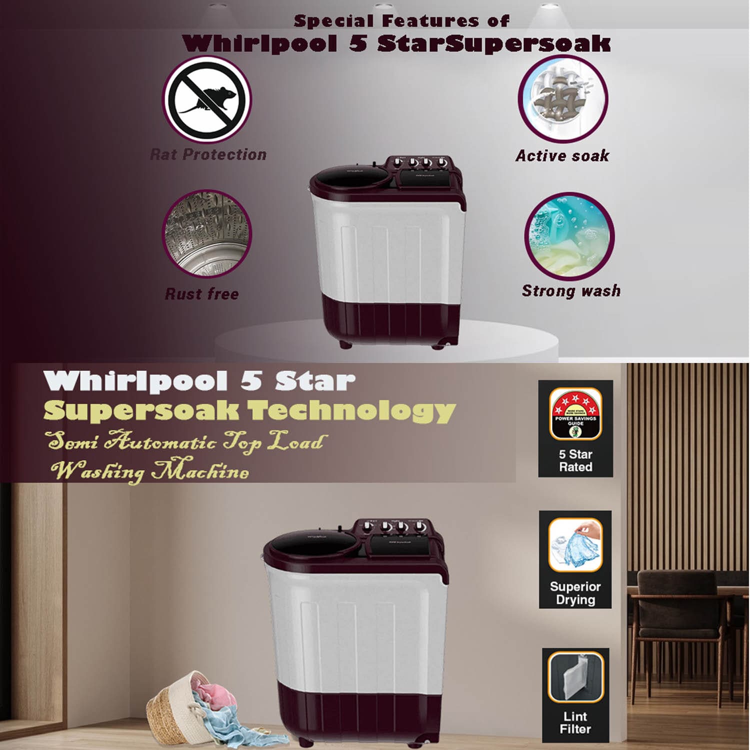Whirlpool 7KG Semi Automatic Washing Machine, ACE 7.0 SUPER SOAK-ACE 7.0 SUP SOAK (WINE)(5YR) - Image 10