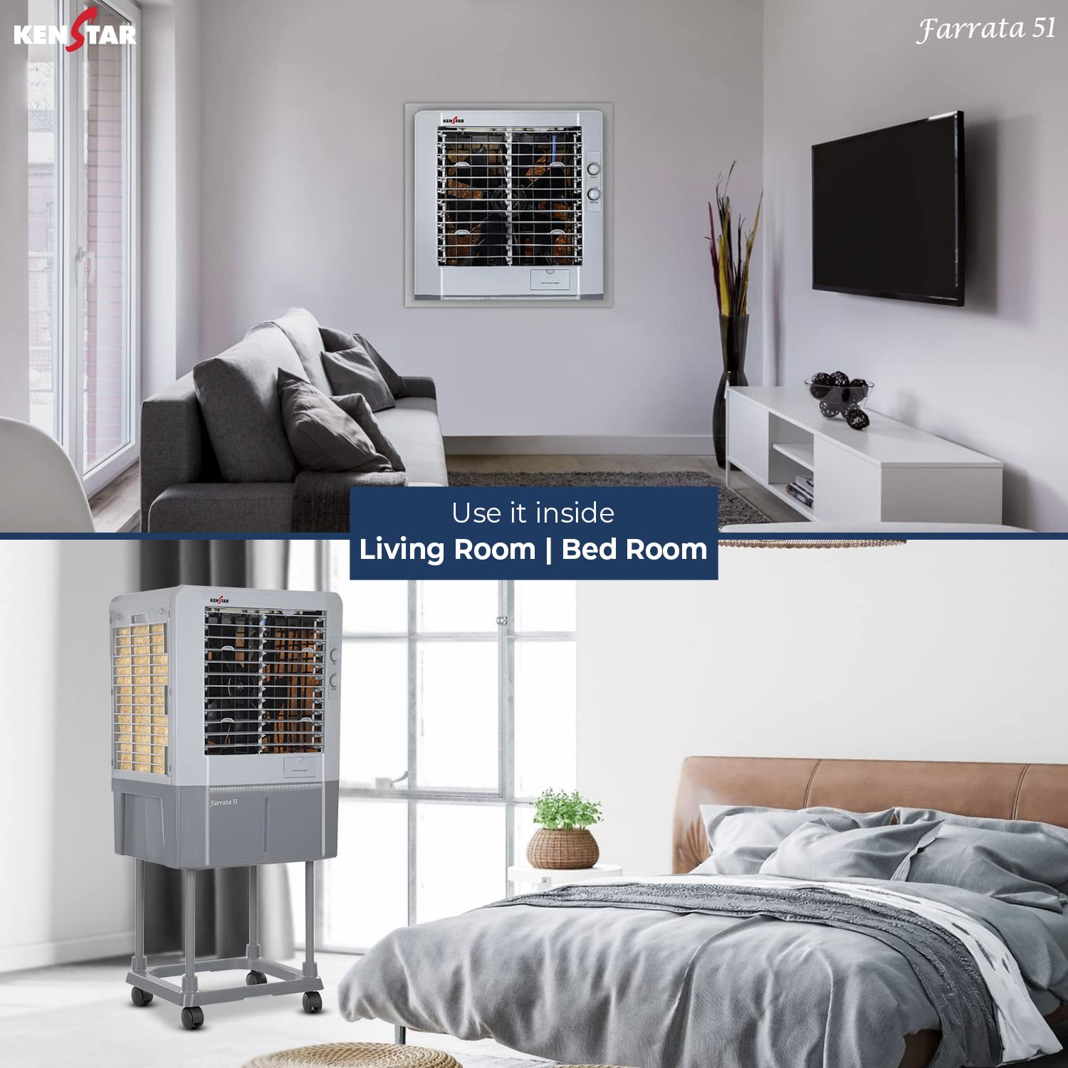 Kenstar Personal Air Cooler with Quadraflow Technology, Double Ball Bearing Motor, 3 Wood Wool Cooling Pads, Grey, Faratta-51 L - Image 11