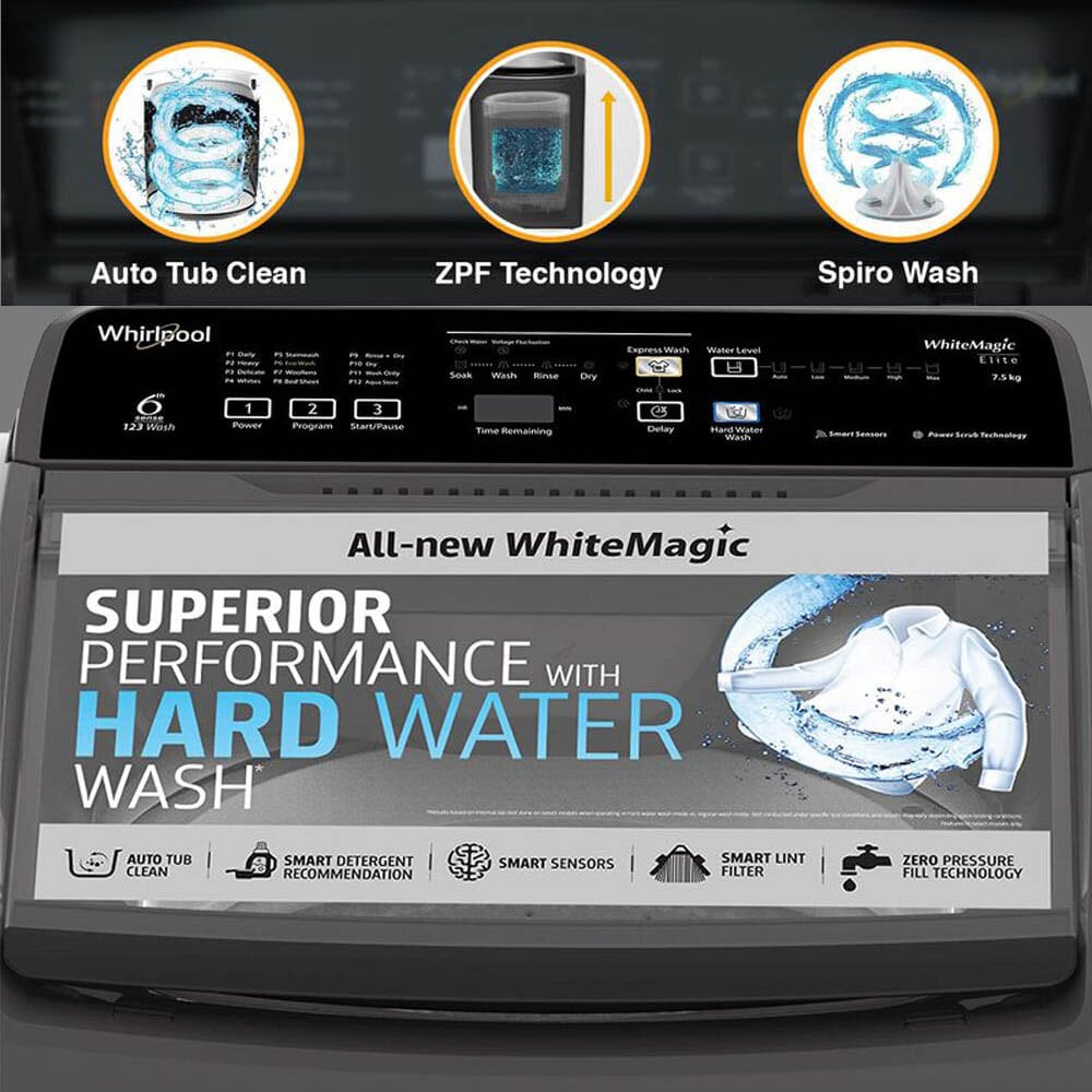 Whirlpool 7.5 KG Fully Automatic Top Load Machine with Hard Water Wash, Zero Pressure Fill and 5 Star Rating, Grey, Whitemagic Elite Plus Whirlpool 7.5 KG Fully Automatic Top Load Machine with Hard Water Wash, Zero Pressure Fill and 5 Star Rating, Grey, Whitemagic Elite Plus - Image 4