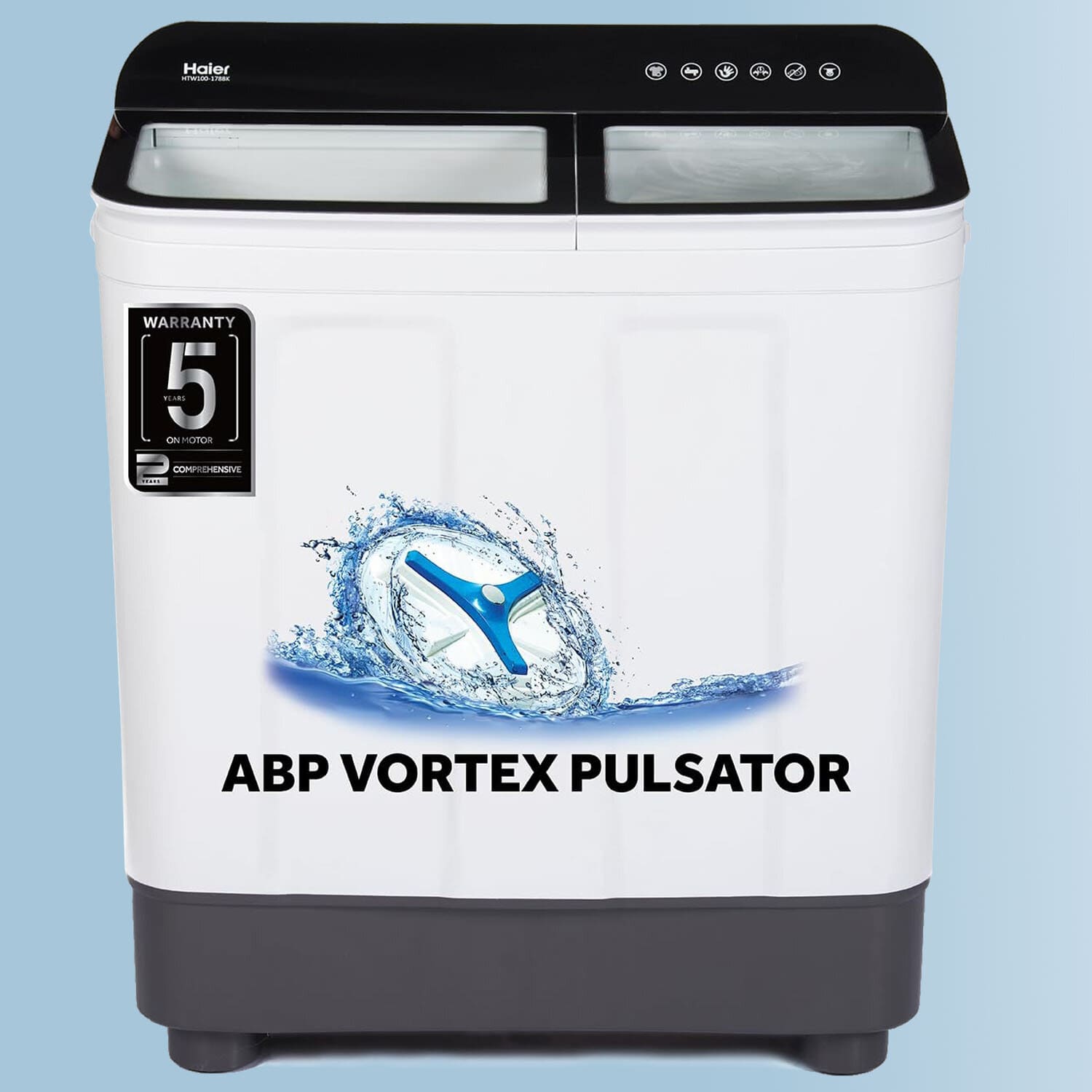 Haier 8.5 KG Semi Automatic Machine with Soft fall Close Door and Vortex Pulsator, Black, HTW85-178BK - Image 1