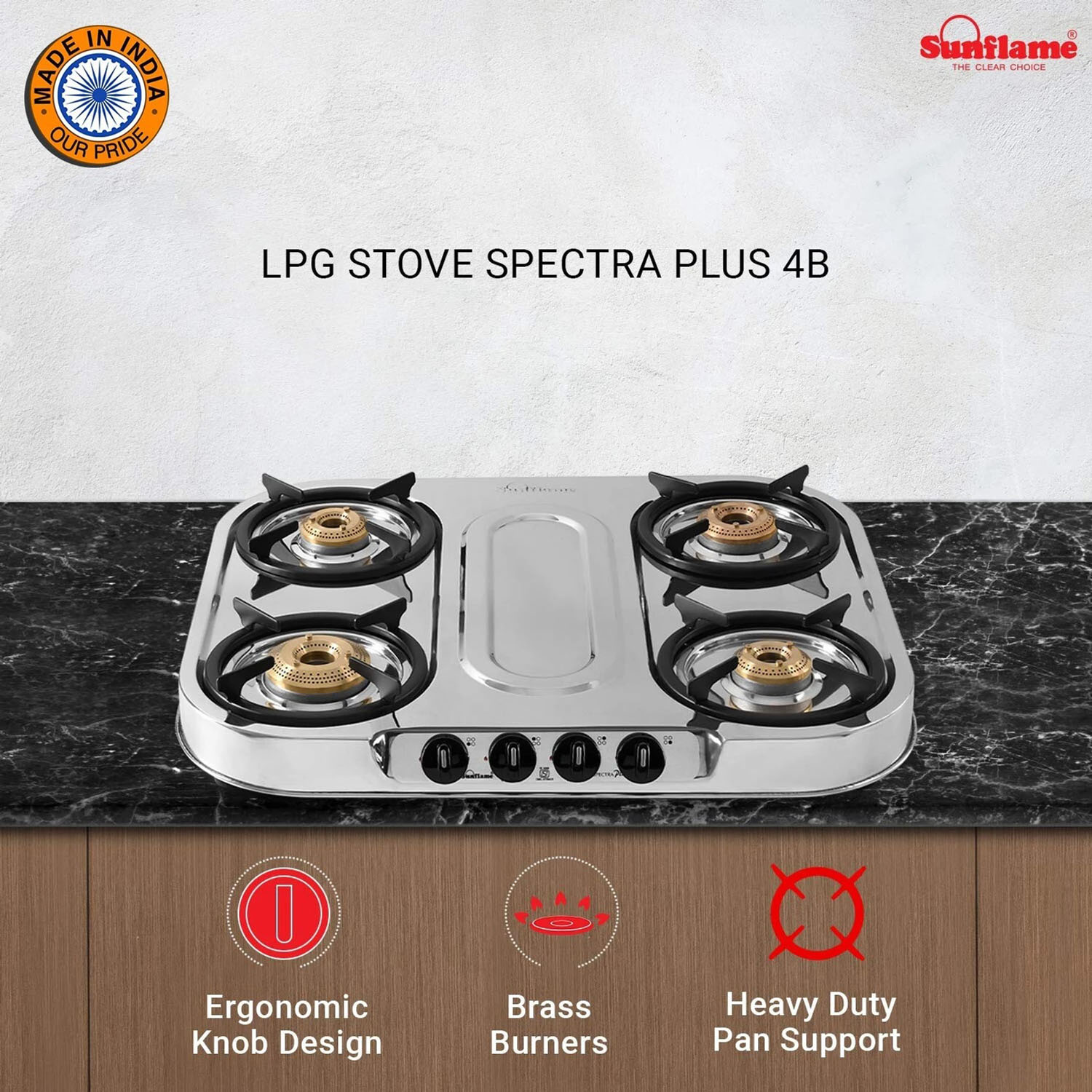 Sunflame Cooktop with Brass Burners, Removable Drip Tray and ISI Certification, LPG Stove Spectra DX, Steel-SPECTRA 4B DX-4 Brass Burner - Image 6
