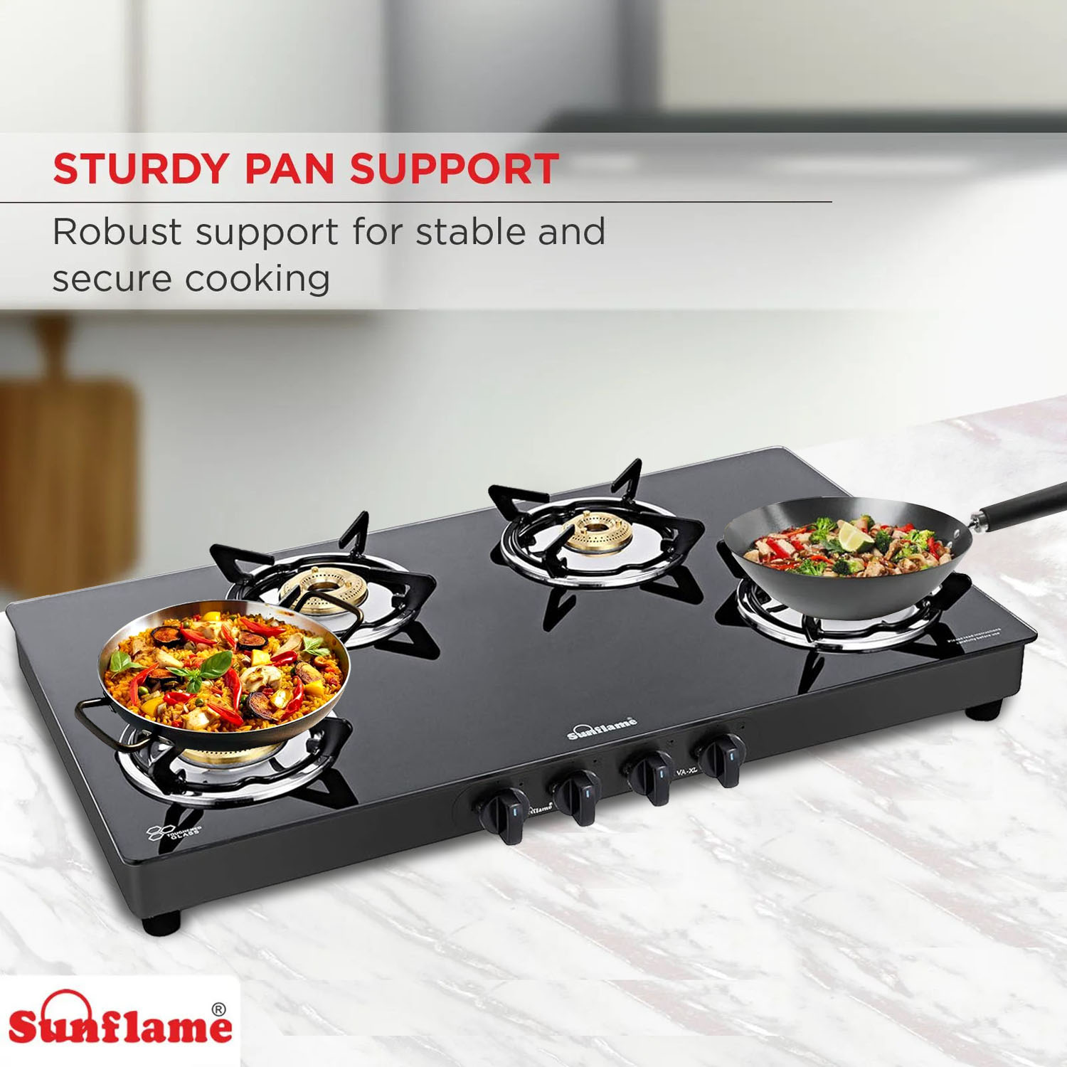 Sunflame Cooktop with 8MM Toughened Glass, Brass Burners and Black Powder Coated Galvanized Steel, LPG Stove Prime XL, Silver-PRIME 4B XL BK-4 Brass Burner - Image 6