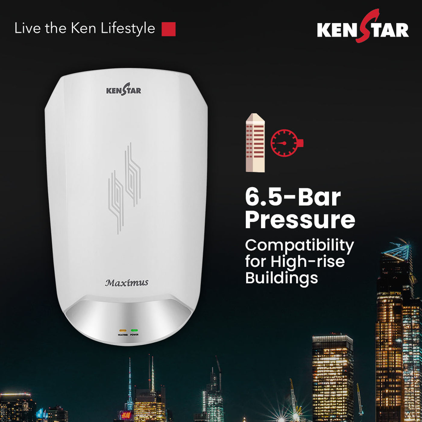 Kenstar Maximus, 5.9L Instant Vertical Water Heater, Durable Plastic Body(White) Rust & Shock Proof, Auto Cut-Off, Auto Thermostat, Red To Green LED - Image 4