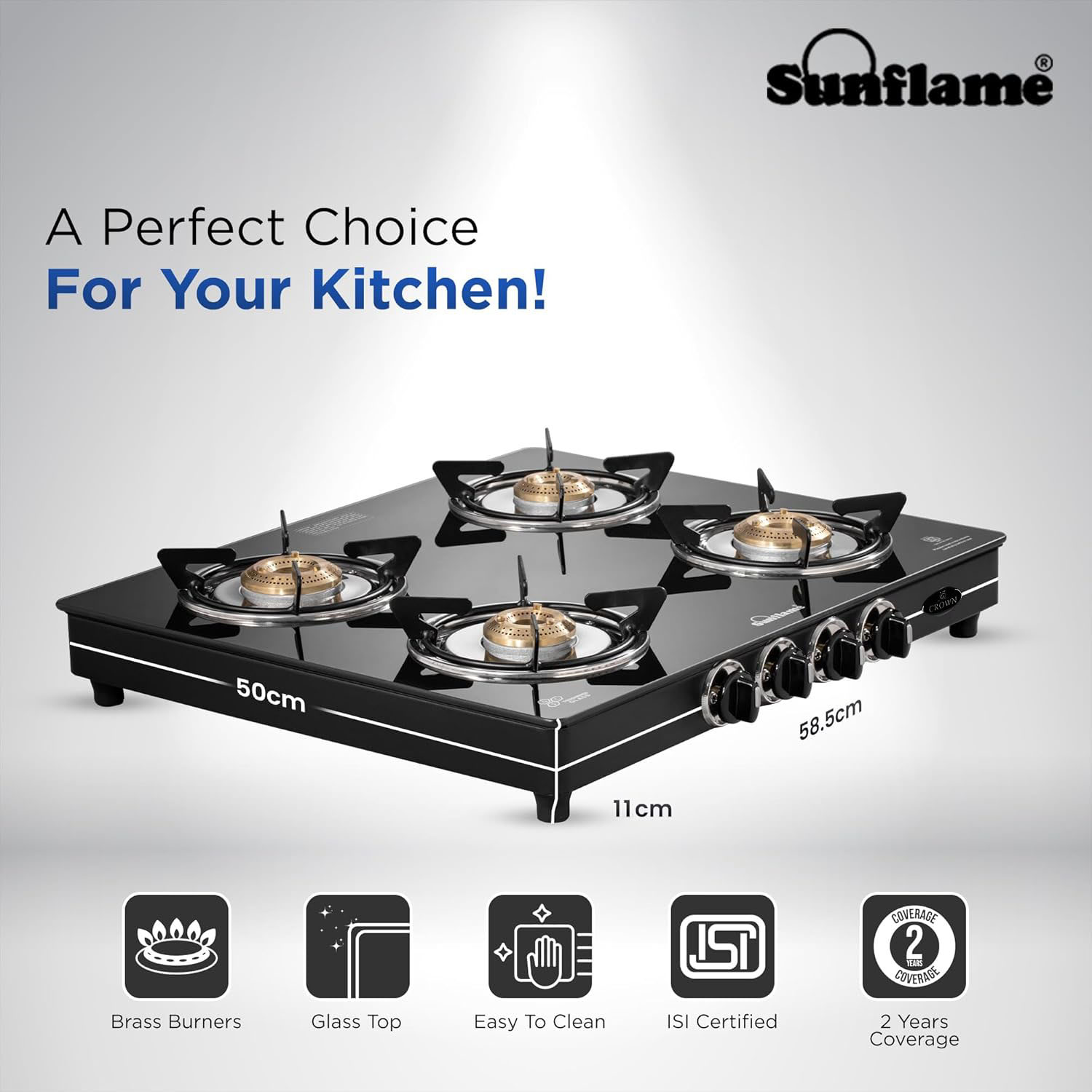 Sunflame 4 Burner Cooktop with 6MM Toughened Glass, Brass Burners & Black Powder Coated Galvanized Steel, Black, GT Crown - Image 2