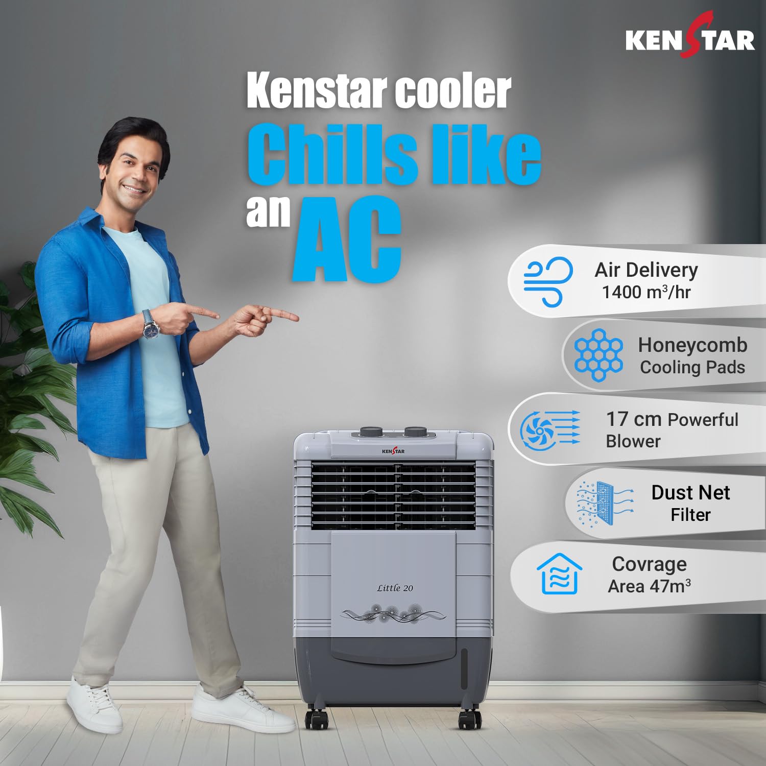 Kenstar Personal Desert Cooler with Honeycomb Cooling Pads, Collapsible Louvres, Powerful Blower and Double Ball Bearing Motor, Grey, Little-20 L - Image 7